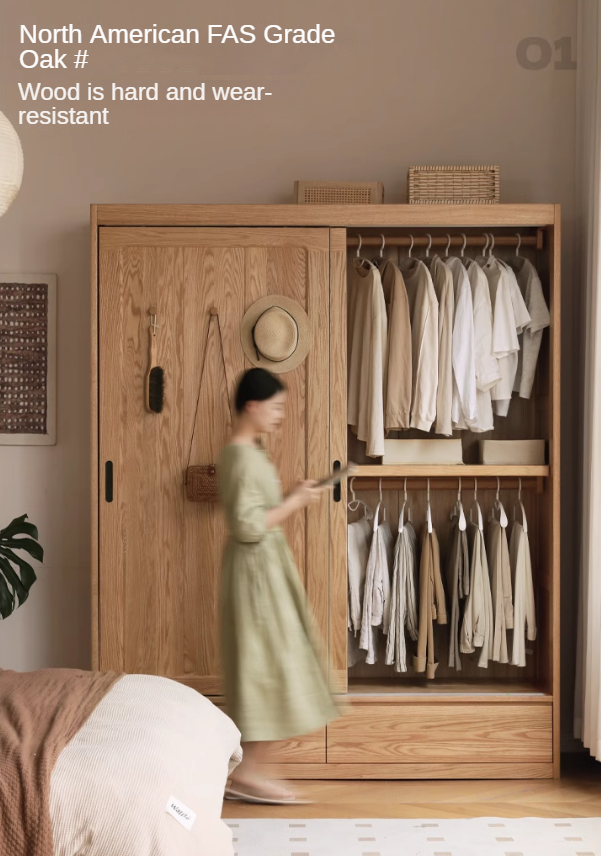 Modern Solid Oak Wood Sliding Door Wardrobe - Durable & Stylish Closet Organizer for Bedroom, Living Room, and Office Storage