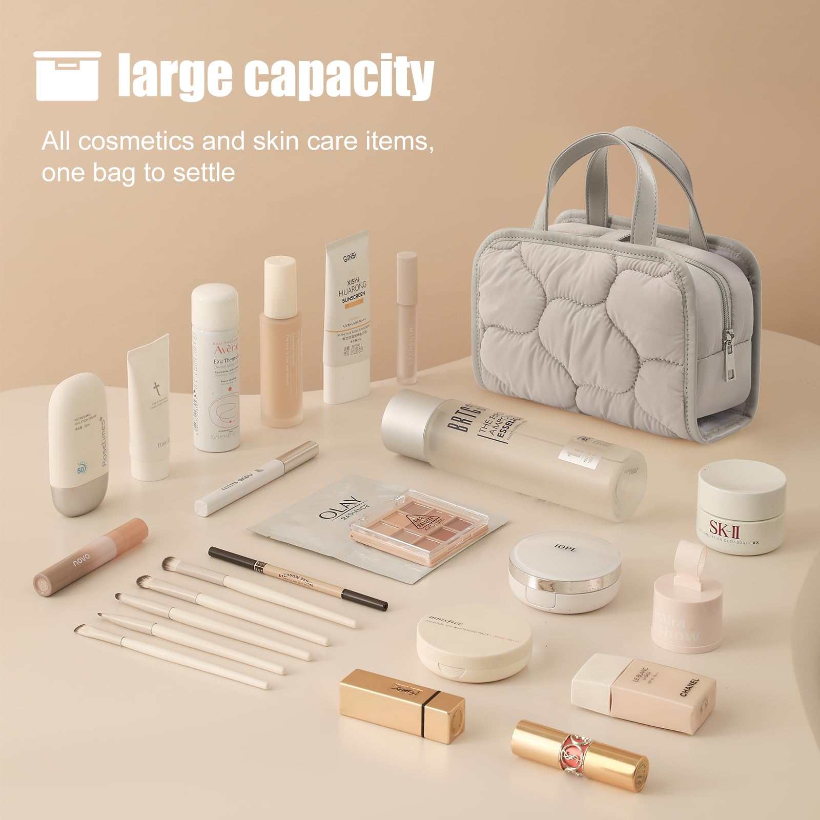 Women's Travel Makeup Bag with Removable Brush Compartment - Portable Puffy Cosmetic Organizer Case, Small Toiletry Bag with Clear Windows & Handle (Grey) - Perfect for Air Travel, Gym & Daily Essentials Storage