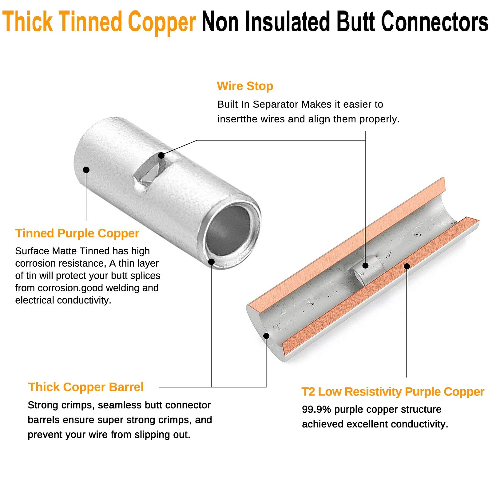 SVAAR 200PCS Non-Insulated Butt Connectors Kit - Marine Grade Tinned Copper, Seamless Crimp Wire Terminals for 22-6 Gauge (Electrical Wiring, Automotive, Marine & DIY Projects)