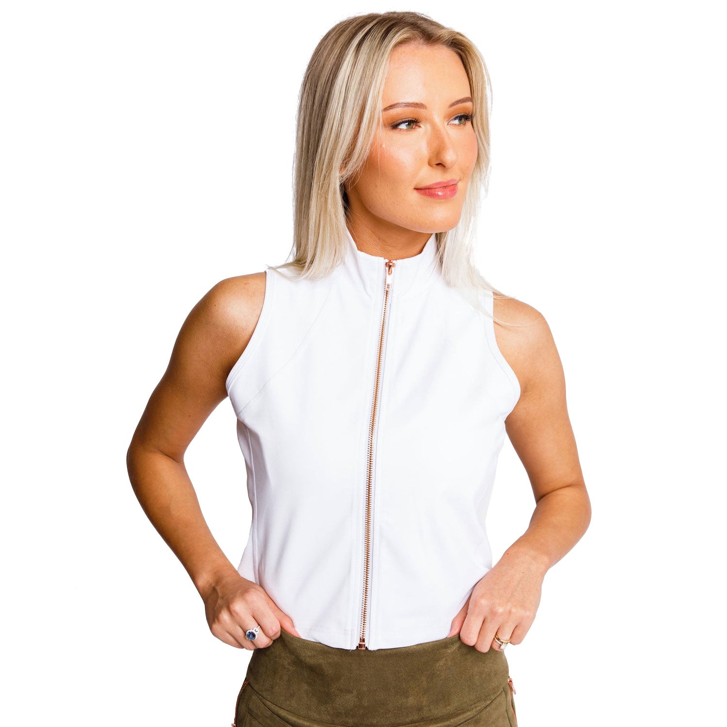 Calliope NYM White Women's Full Zip Sleeveless Golf Polo Shirt - Breathable Athletic Top for Golf, Tennis & Outdoor Sports