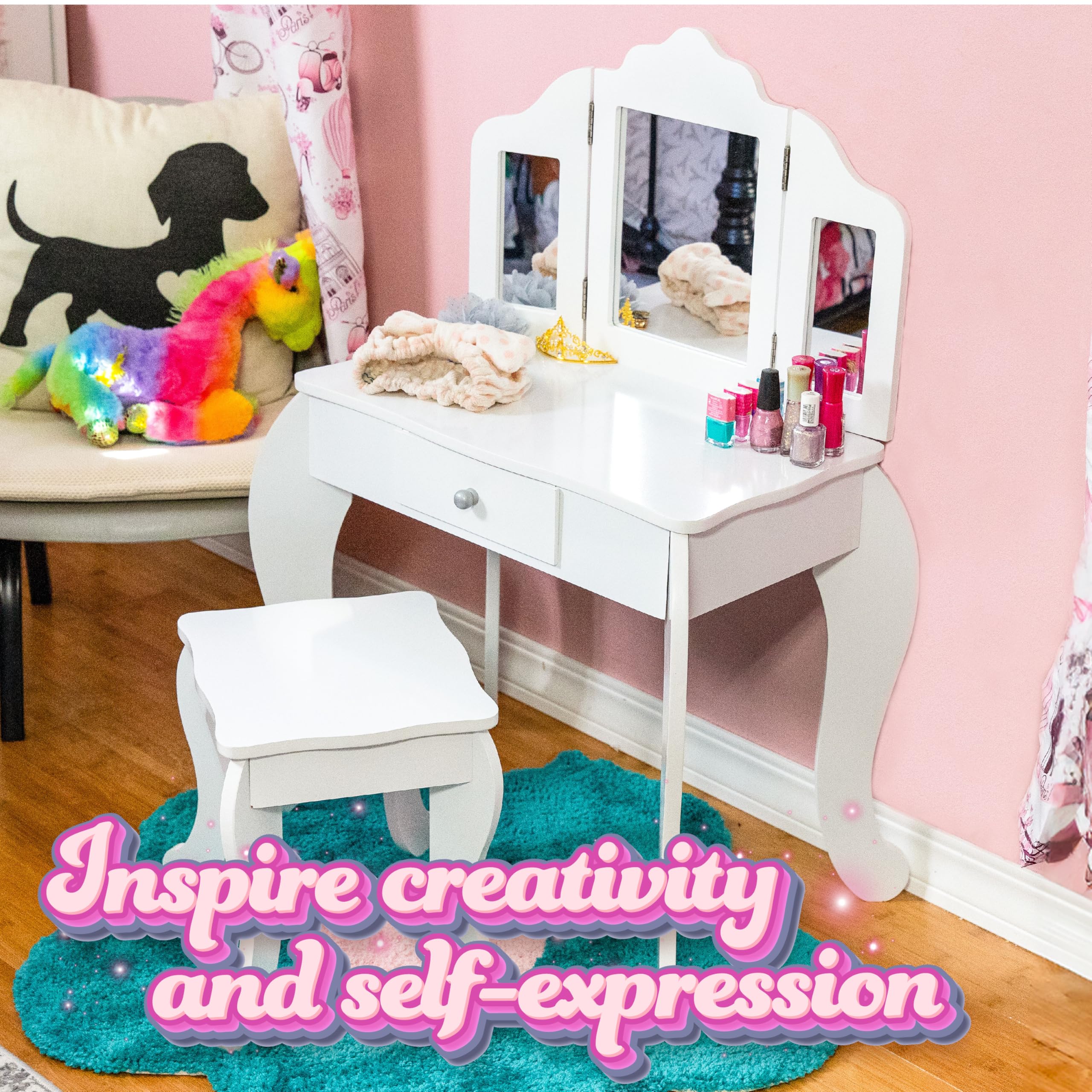 Wooden Pretend Play Vanity Set for Girls - Kids' Vanity Desk with Mirror, Drawer & Stool - White - Perfect for Dress-Up, Role Play & Birthday Gifts