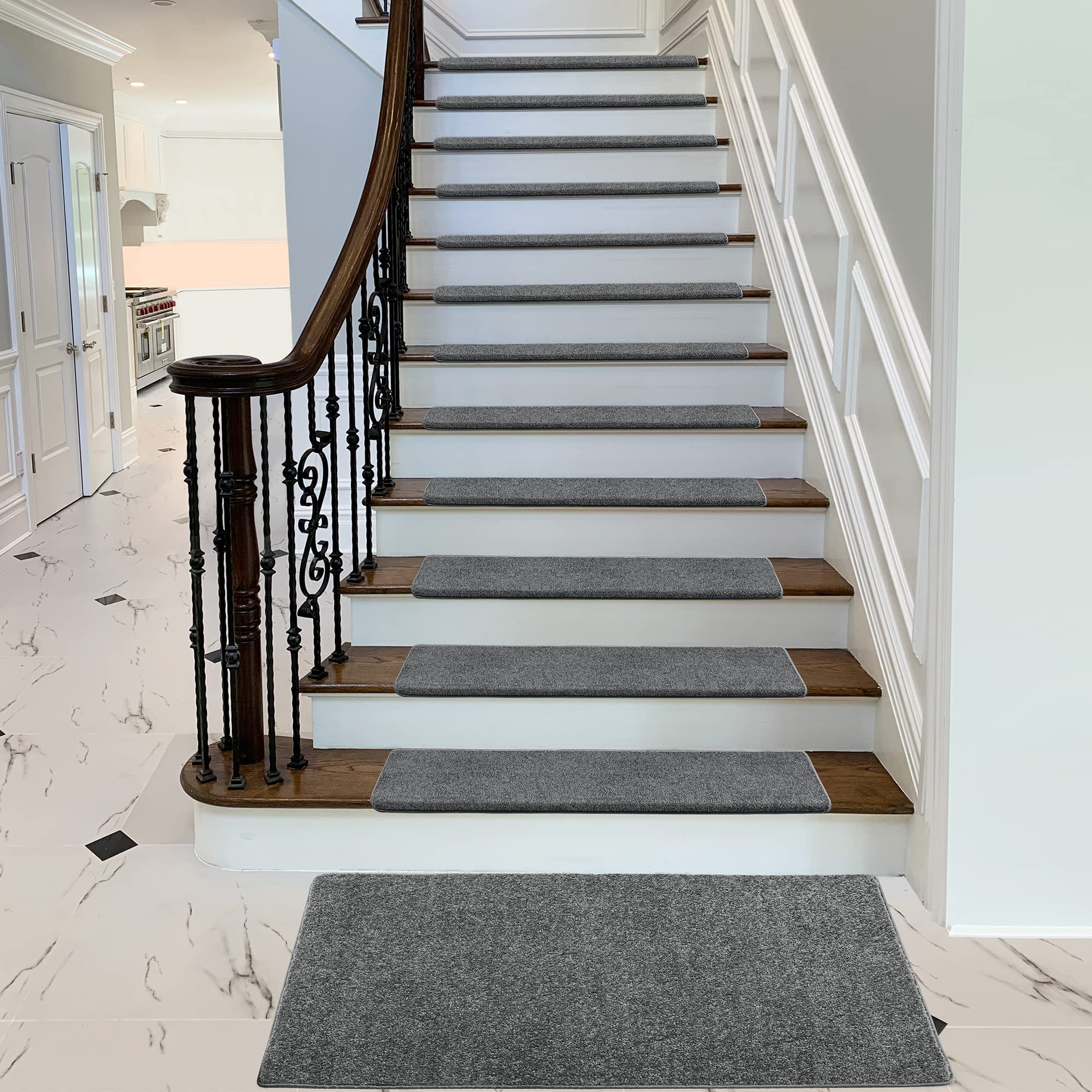 PURE ERA Non-Slip Carpet Stair Treads Set - 14 Pieces Bullnose Tape-Free Indoor Stair Protectors, Pet Friendly Washable Rugs, Soft Skid-Resistant Dark Gray Covers (9.5
