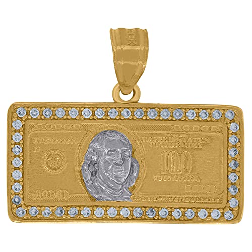 10K Two-Tone Gold Men's CZ Cubic Zirconia Simulated Diamond $100 Bill Charm Pendant Necklace - Elegant Jewelry Gift for Him - Perfect for Birthdays, Anniversaries & Special Occasions