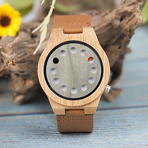 BOBO BIRD Men's Bamboo Wooden Watch - Black Genuine Leather Strap with 12 Holes, Minimalist Wood Grain Design for Casual & Sports Wear - Perfect for Outdoor Activities, Office & Everyday Use