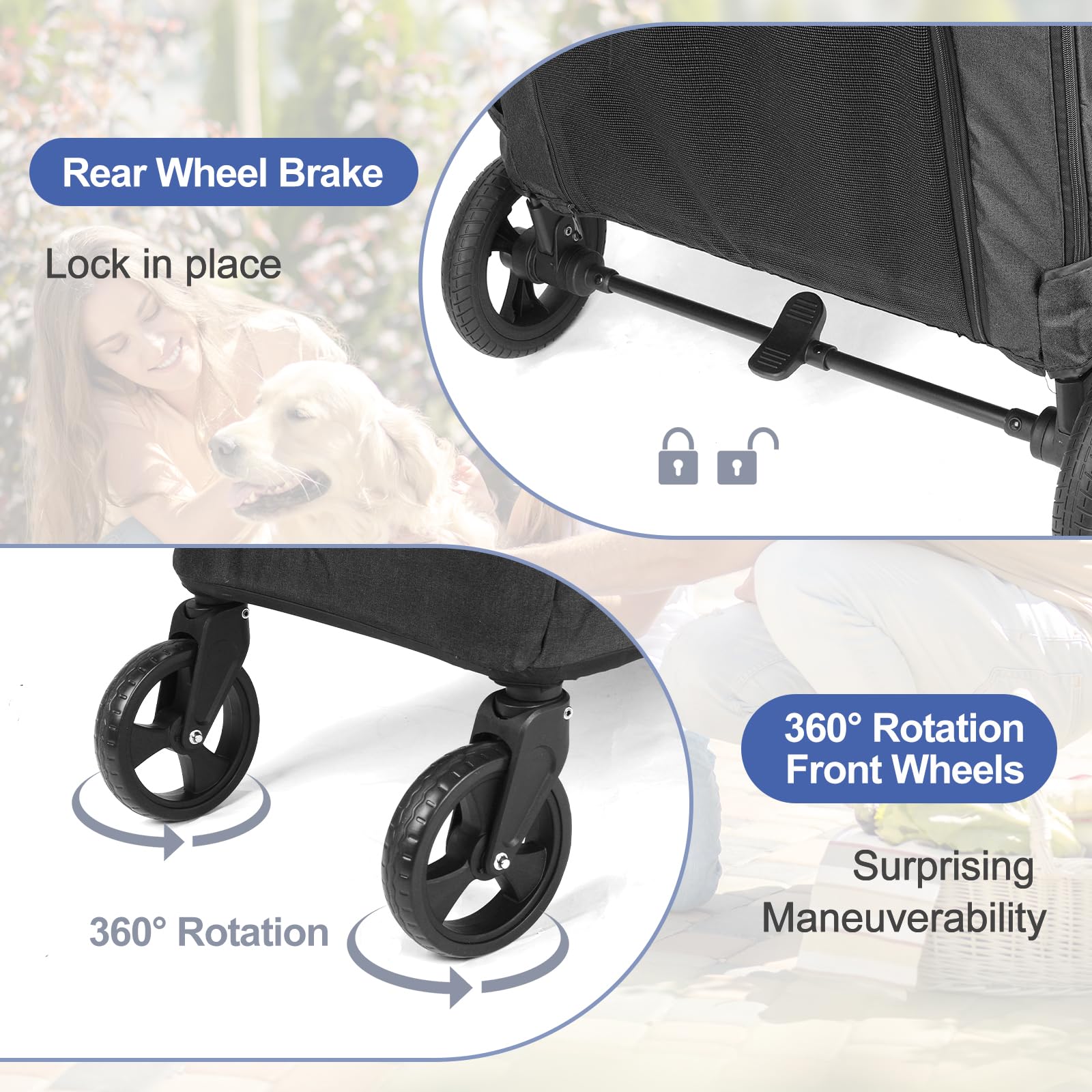 Timati 4-Wheel Large Dog Stroller - Foldable Travel Pet Wagon with Adjustable Handle & Zipper Entry - Breathable Mesh Skylight Cat Stroller for Medium Dogs 20-30 lbs (Supports up to 120 lbs) - Perfect for Outdoor Walks, Vet Visits & Shopping Trips (Black)