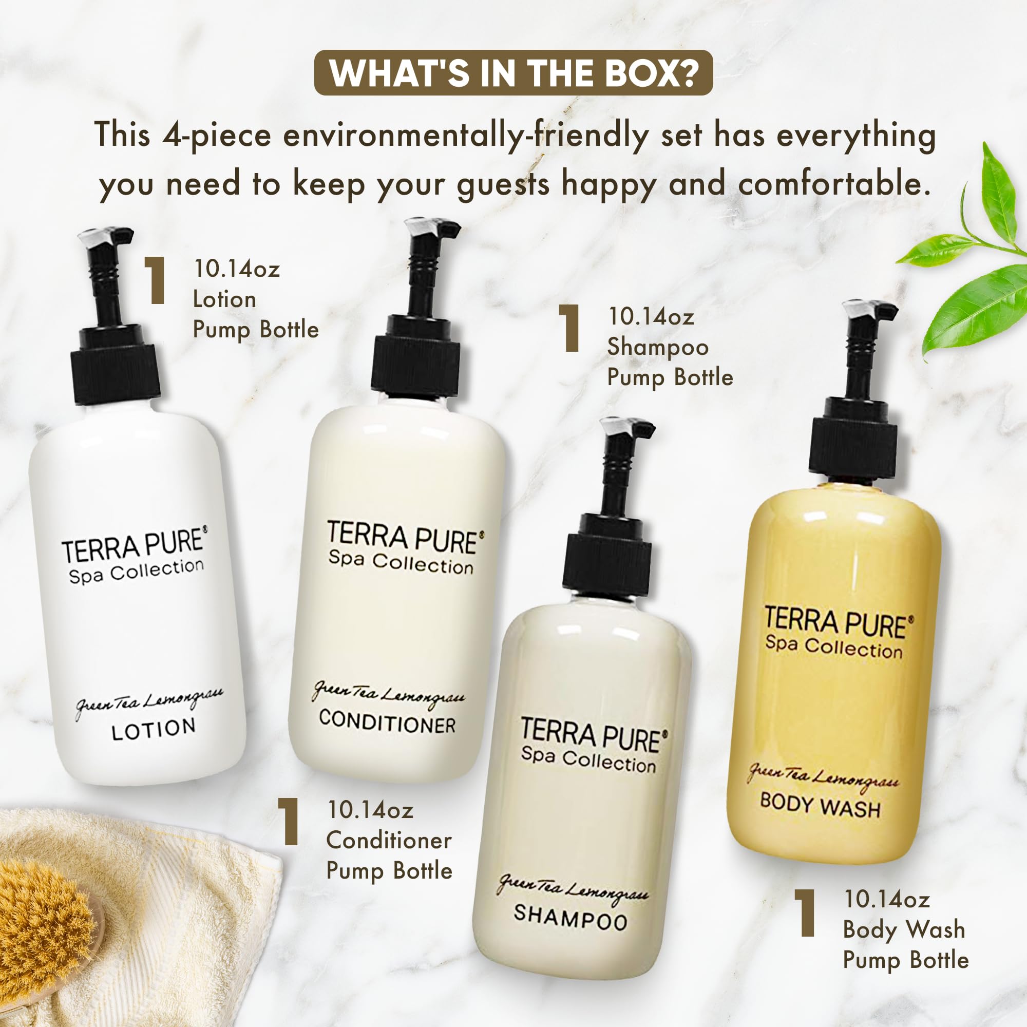 Terra Pure Spa Collection Amenities Set - 10.14oz Shampoo, Conditioner, Hand & Body Wash, Lotion with Pumps (1 of Each) | Luxury Bath & Body Essentials for Hotels, Spas, and Home Relaxation