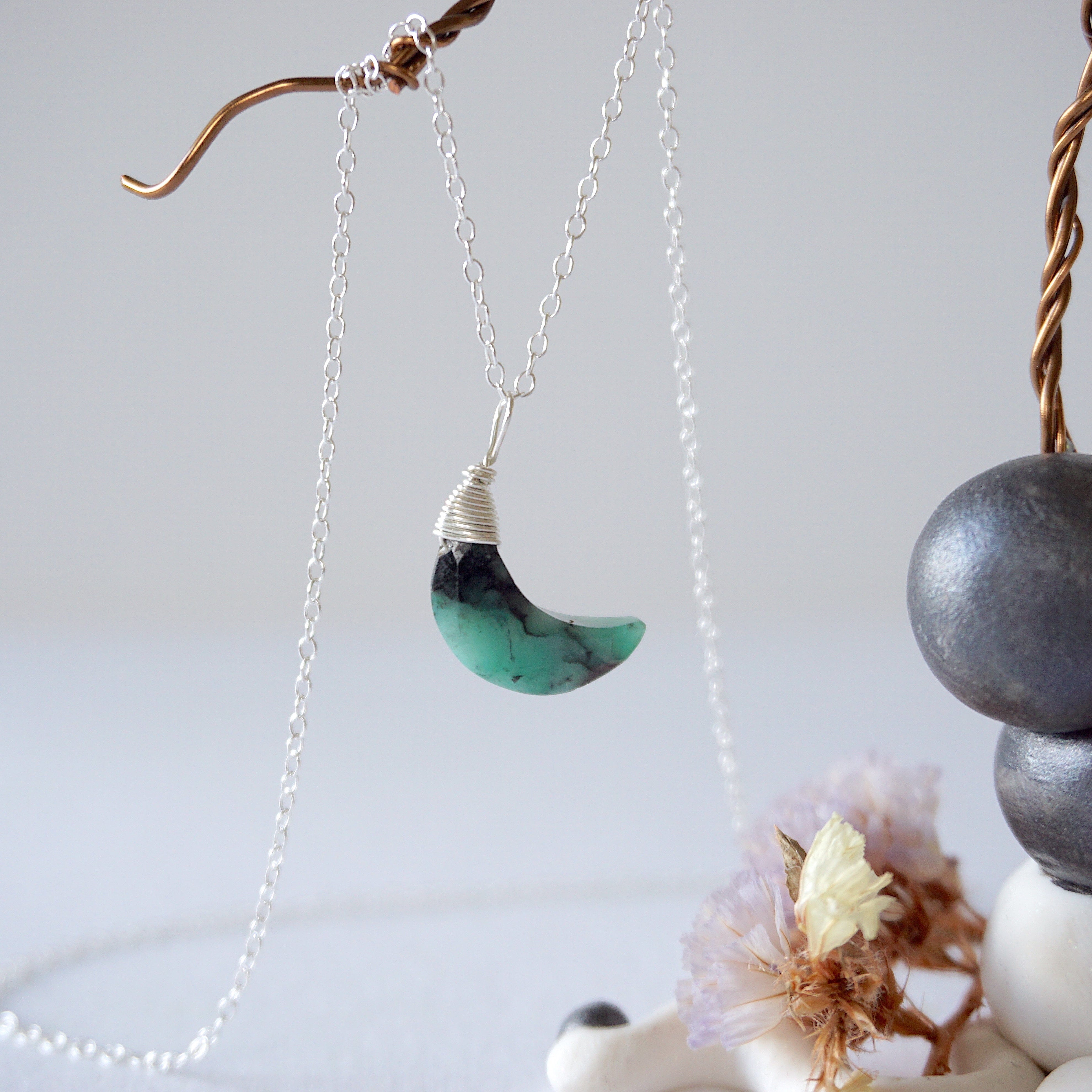 Emerald Sterling Silver Moon Charm Necklace - Dainty Jewelry for Women, Elegant Pendant Necklace for Everyday Wear, Gift for Her | Perfect for Date Nights, Office Wear & Special Occasions