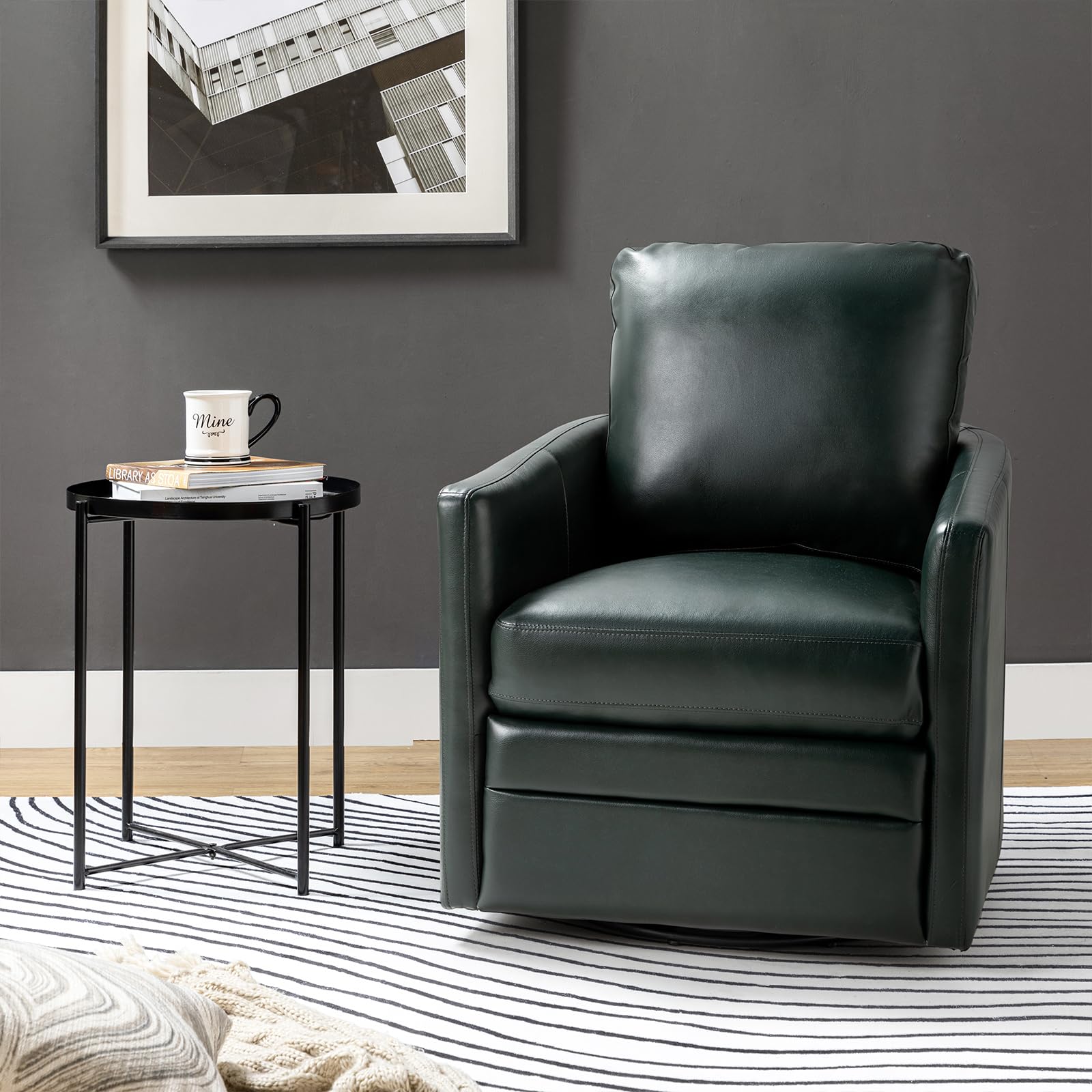 Modern Leather Swivel Barrel Chair with Removable Pillow - HULALA HOME Accent Armchair for Living Room, Office & Reading Nook