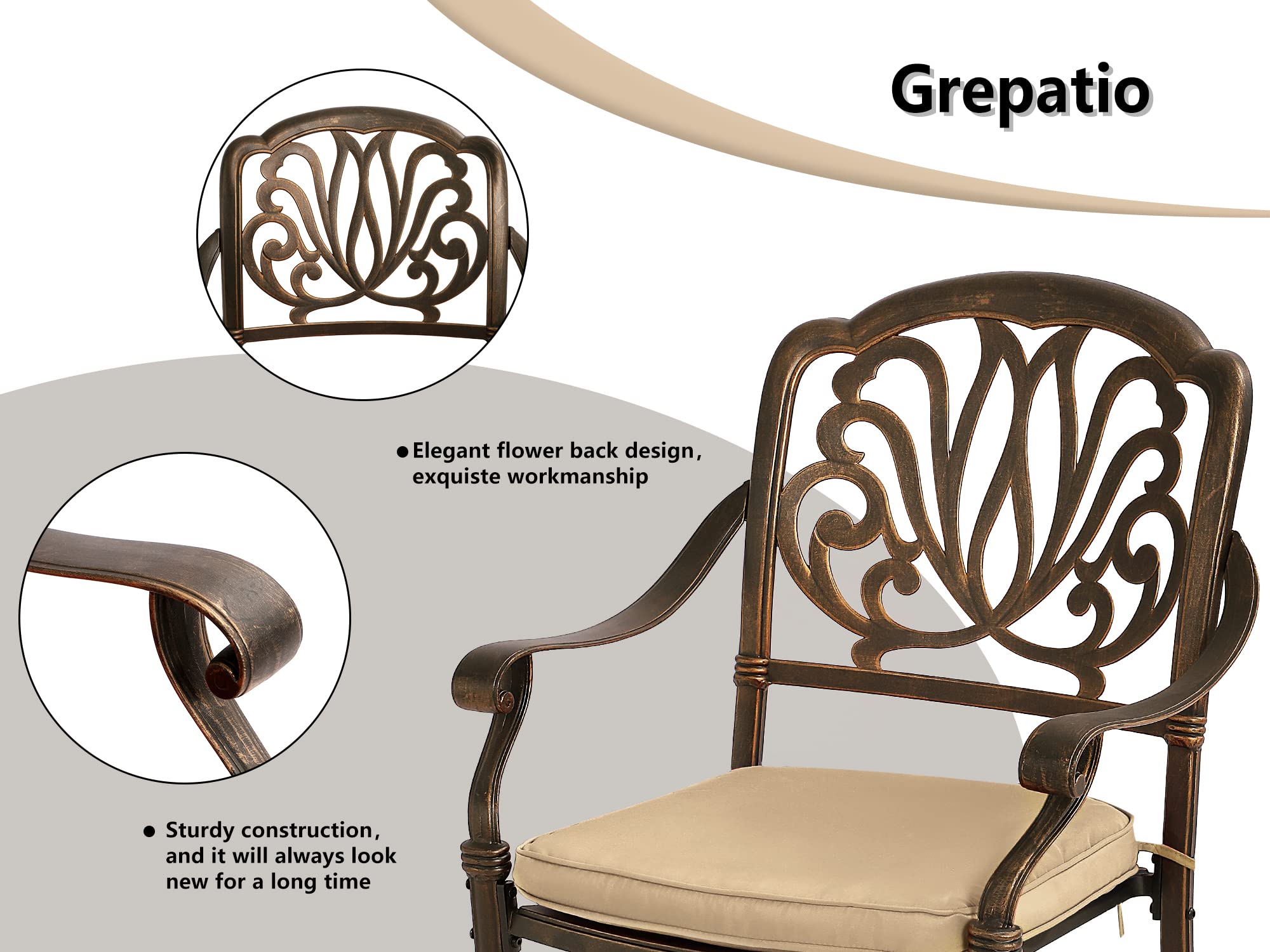 Grepatio 5-Piece Outdoor Dining Set - Durable Cast Aluminum Patio Furniture with 4 Chairs & Umbrella Hole Table - Perfect for Garden, Lawn, Backyard, Poolside & Outdoor Entertaining (Khaki)