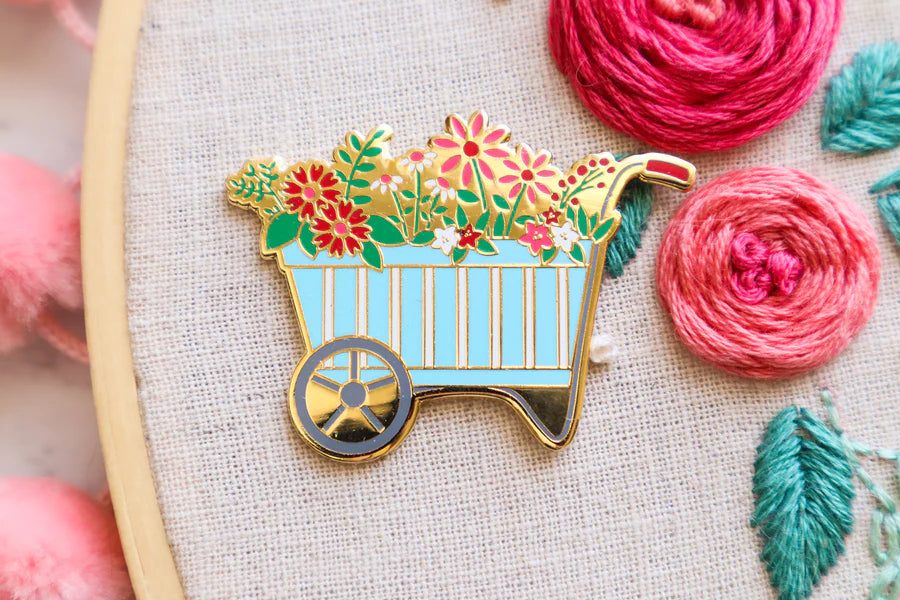 Flamingo Toes Spring Floral Wheelbarrow Needle Minder - Magnetic Needle Holder for Sewing, Embroidery & Quilting - Perfect for Crafting, DIY Projects & Organizing Sewing Supplies