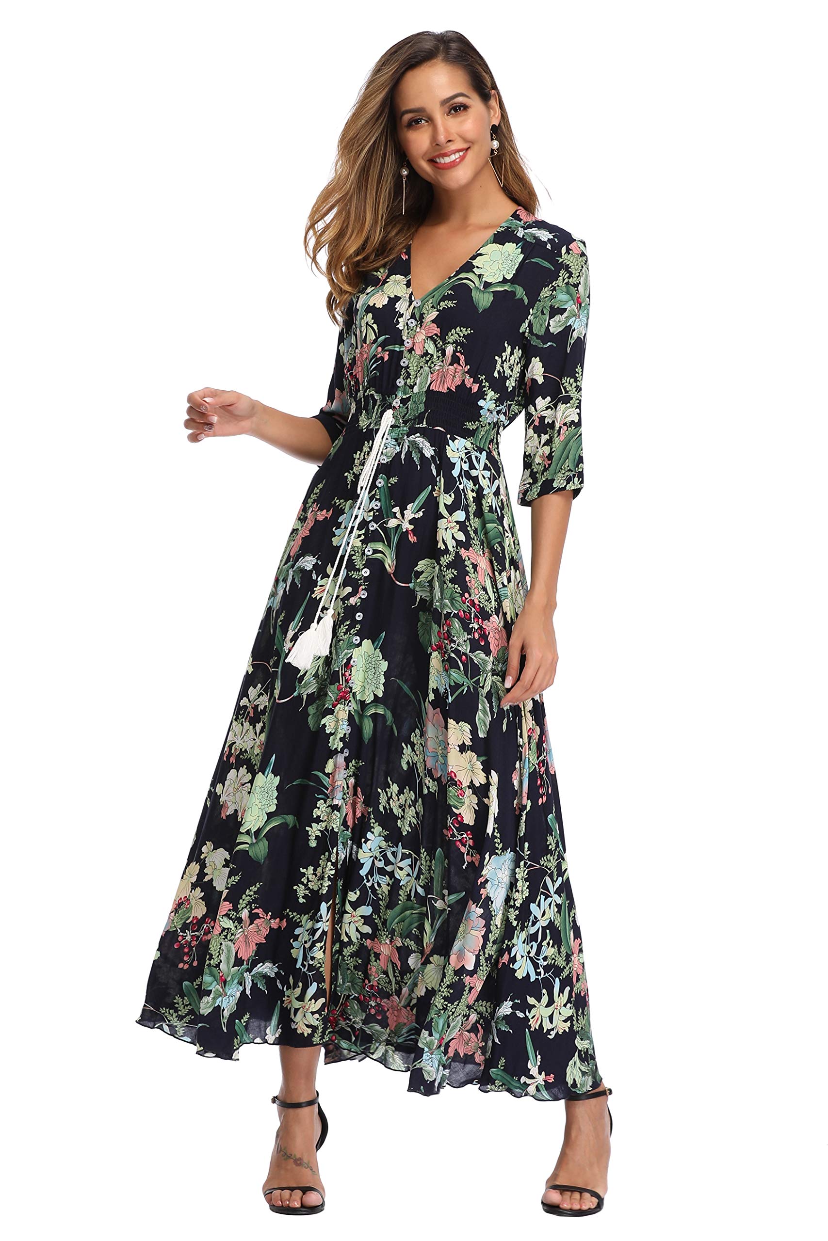 Vintage Floral Maxi Dresses for Women - Long Sleeve Bohemian Beach Dress with Flowy Design | Perfect for Summer Vacations, Music Festivals & Boho Chic Outfits