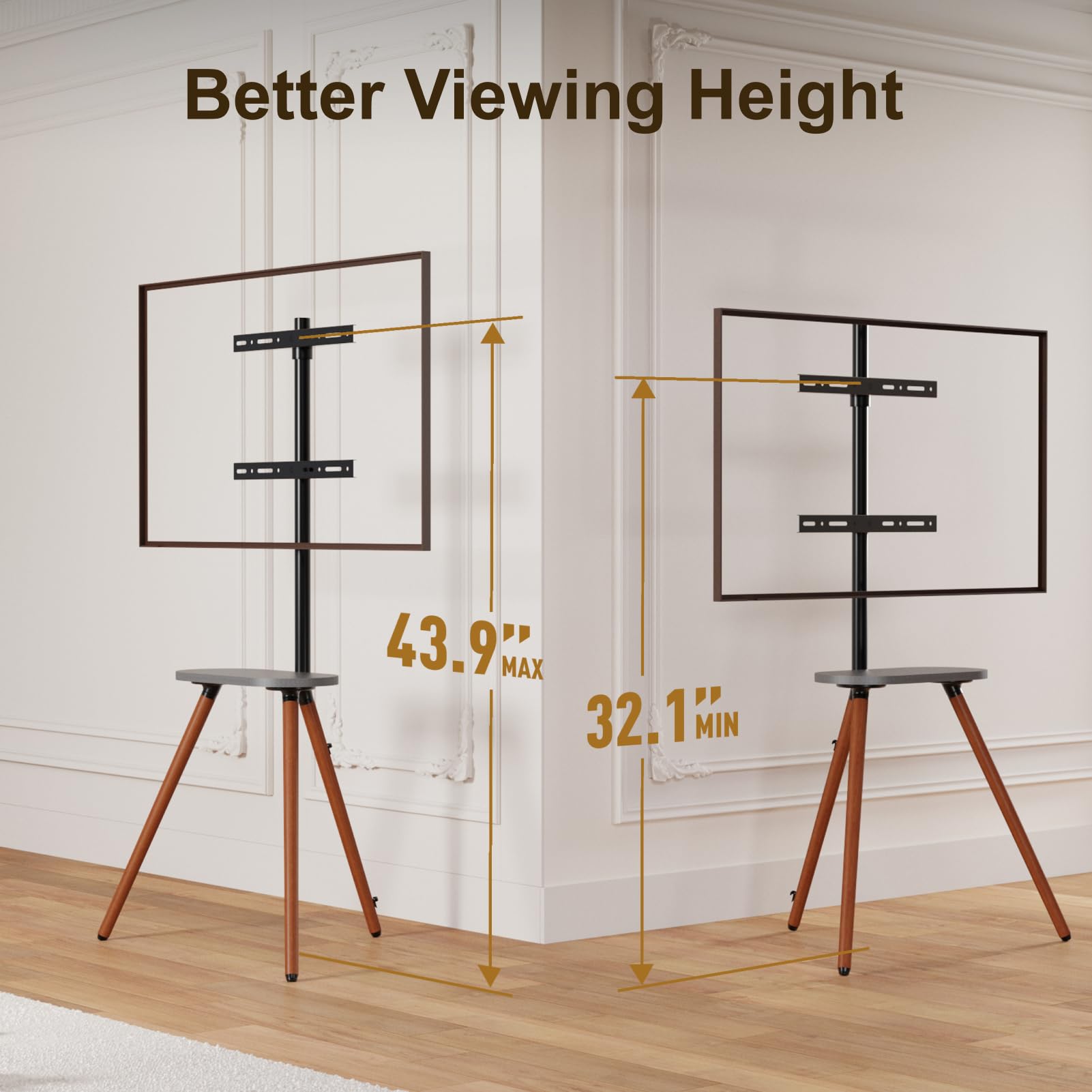Adjustable Tripod TV Stand for 40-65 Inch LCD LED OLED Screens - Swivel & Height Adjustable Floor TV Mount with Wooden Tray - VESA 400x400mm - Minimalist Black Walnut Design - Perfect for Living Rooms, Bedrooms & Home Theaters