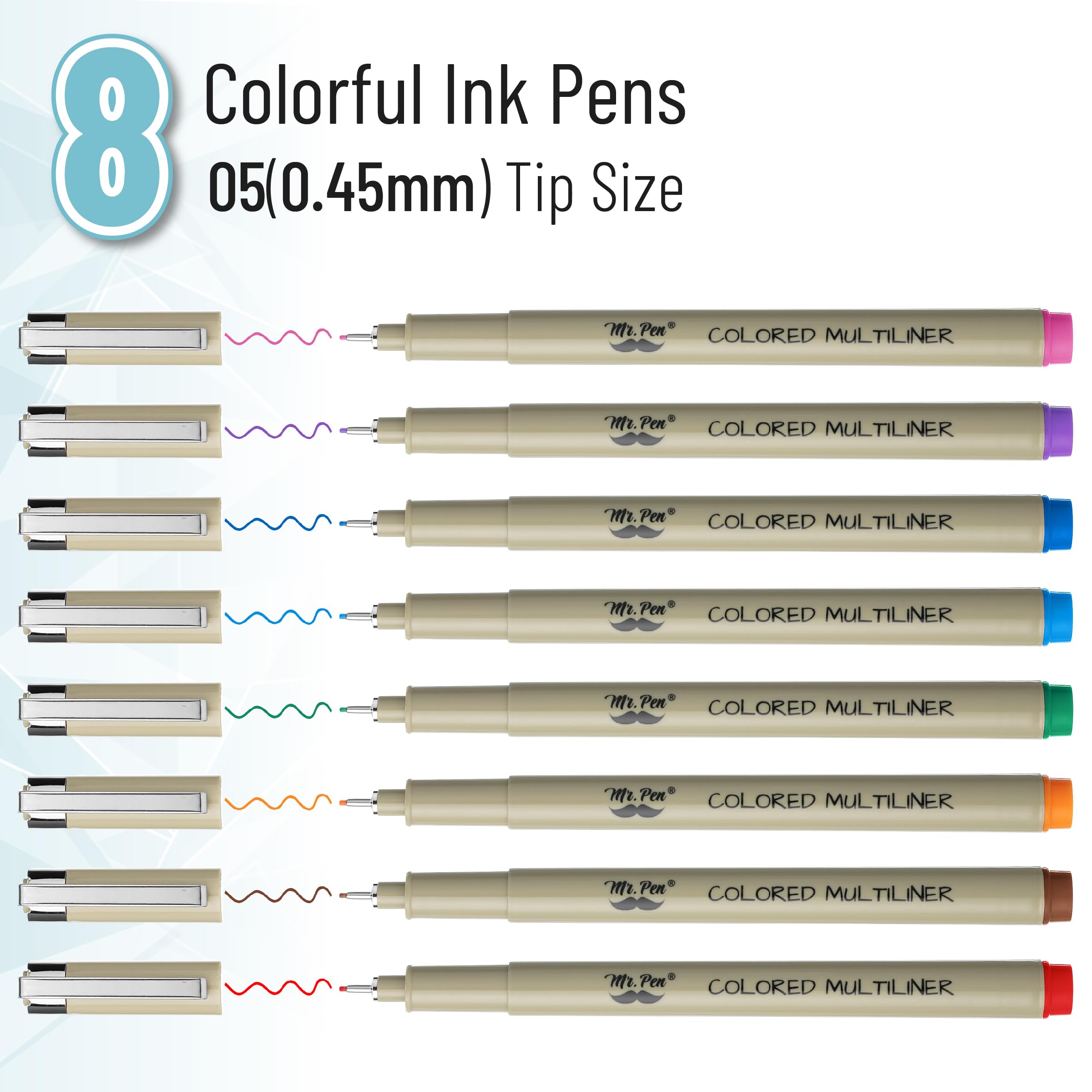 Mr. Pen- 8 Pack 0.45mm Fine Point Drawing Pens for Artists, Colorful Fineliner Pens for Sketching, Bible Journaling & Art Projects - Perfect for Sketchbooks, Bullet Journals & Calligraphy