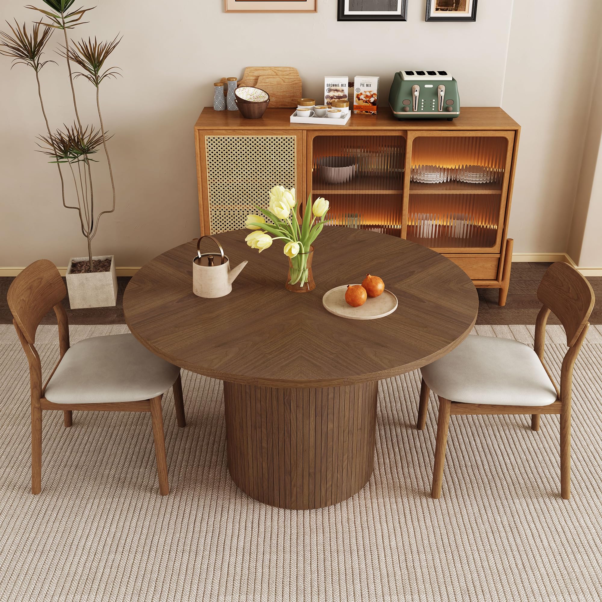 47 Inch Round Dining Table for 4 - Modern Farmhouse Kitchen Table with Wood Strip Base - Solid Wood Circle Dining Table for Small Spaces - Perfect for Kitchen, Living Room & Breakfast Nook (Walnut)