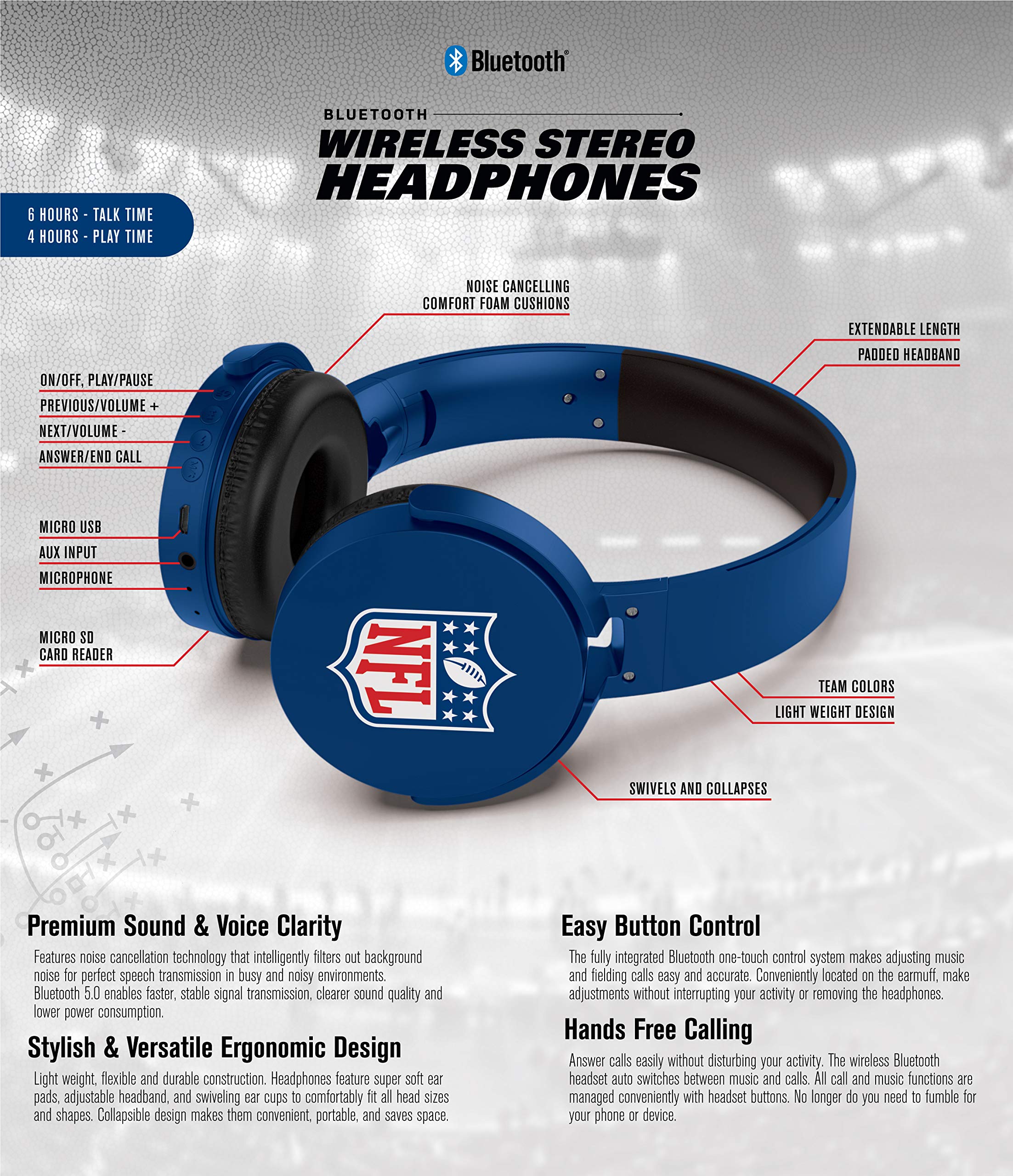 SOAR NFL Wireless Bluetooth Headphones for Sports & Gaming - Noise Cancelling Over-Ear Headset with Mic, 40H Playtime - Perfect for Football Fans, Workouts & Travel