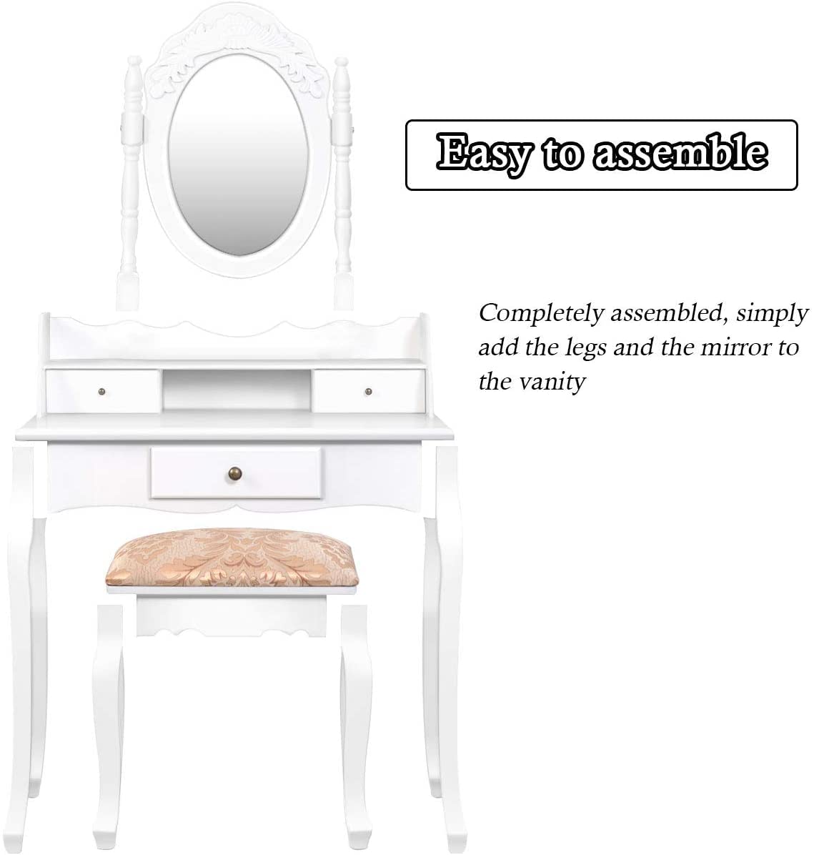 Byroce Vanity Desk Set with Oval Mirror & Cushioned Stool - White Makeup Dressing Table with 3 Drawers for Women & Girls | Perfect for Bedroom, Dorm Room, and Beauty Salon Decor