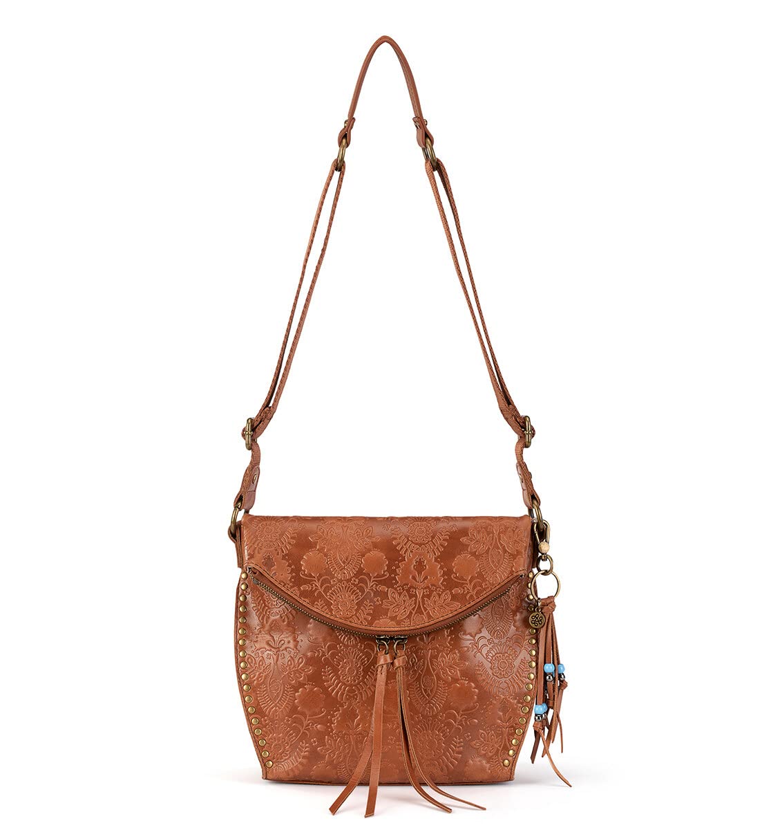 The Sak Women's Silverlake Leather Crossbody Bag - Adjustable Strap, Zipper Pockets, Tobacco Floral Embossed - Perfect for Casual Outings, Travel & Everyday Use