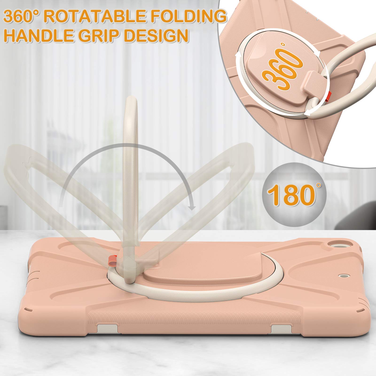BRAECN Kids Protective Case for iPad 9th/8th/7th Generation (2021/2020/2019) 10.2 Inch - Shockproof Silicone Cover with Shoulder Strap, Handle Grip, Stand, Built-in Screen Protector & Apple Pencil Holder - Rose Gold | Perfect for School, Travel & Home Use