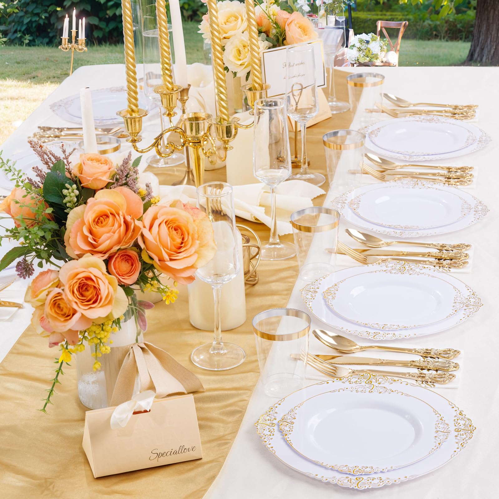 YOUBET 700-Piece Gold Plastic Dinnerware Set - Elegant White & Gold Disposable Plates (200 Plates, 300 Heavy Duty Forks/Spoons/Knives, 100 Cups & 100 Napkins) - Perfect for Weddings, Parties, Bridal Showers & Large Gatherings of 100+ Guests