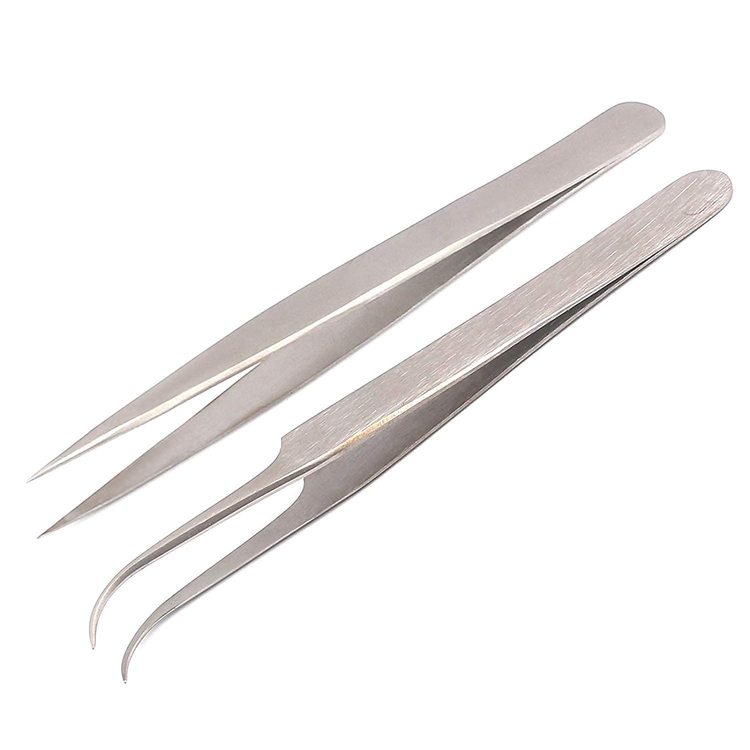 Professional Stainless Steel Eyelash Extension Tweezers Set - 2 Pieces (Straight & Curved Tip) for False Lashes, Single Lashes & 3D-6D Volume Lashes | Precision Tools for Salon & Home Use | Perfect for Lash Artists & DIY Beauty Enthusiasts