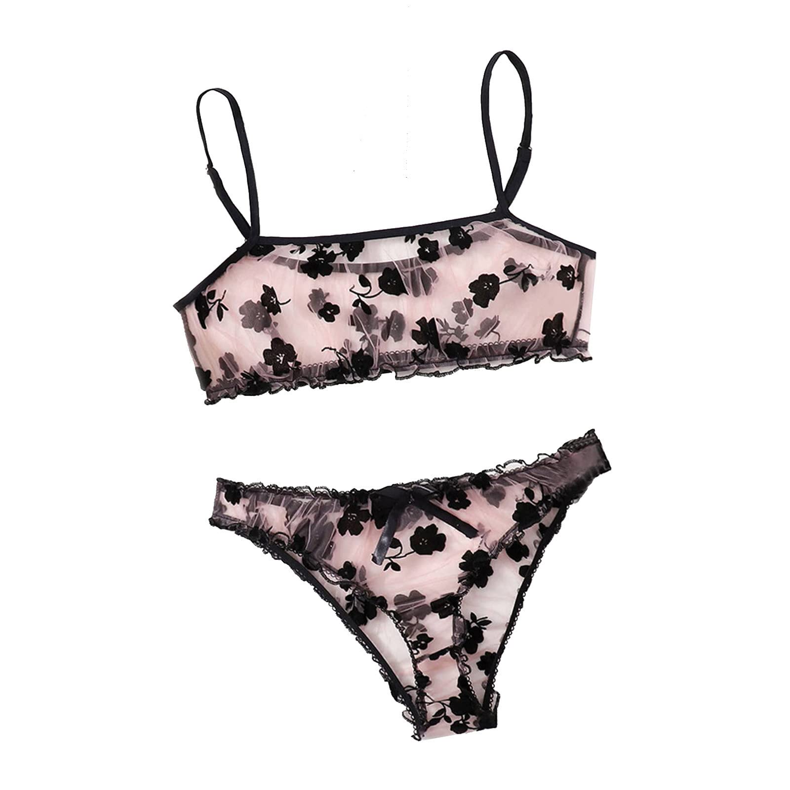 Sexy Floral Lace G-String Thong Underwear Set - Women's Lingerie Bra & Panty Set for Sleepwear, Date Night & Romantic Occasions