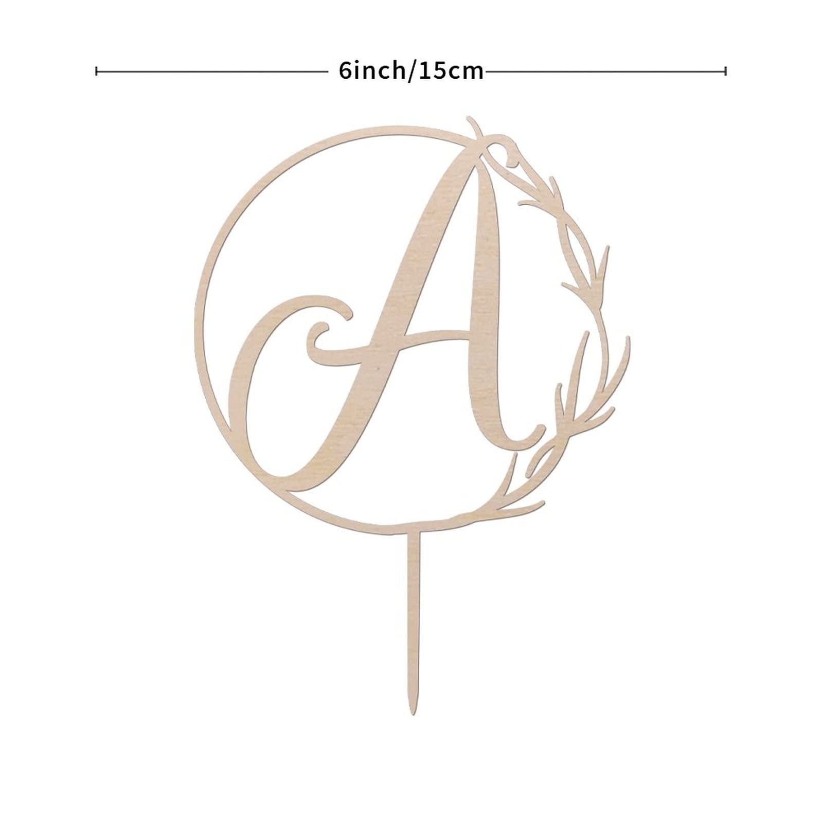 Personalized Wooden Monogram Cake Topper - Letter A Rustic Wedding & Birthday Cake Decoration - Custom Initial Wreath Topper for Wedding Cakes, Birthday Parties & Special Events (Design 06, A)