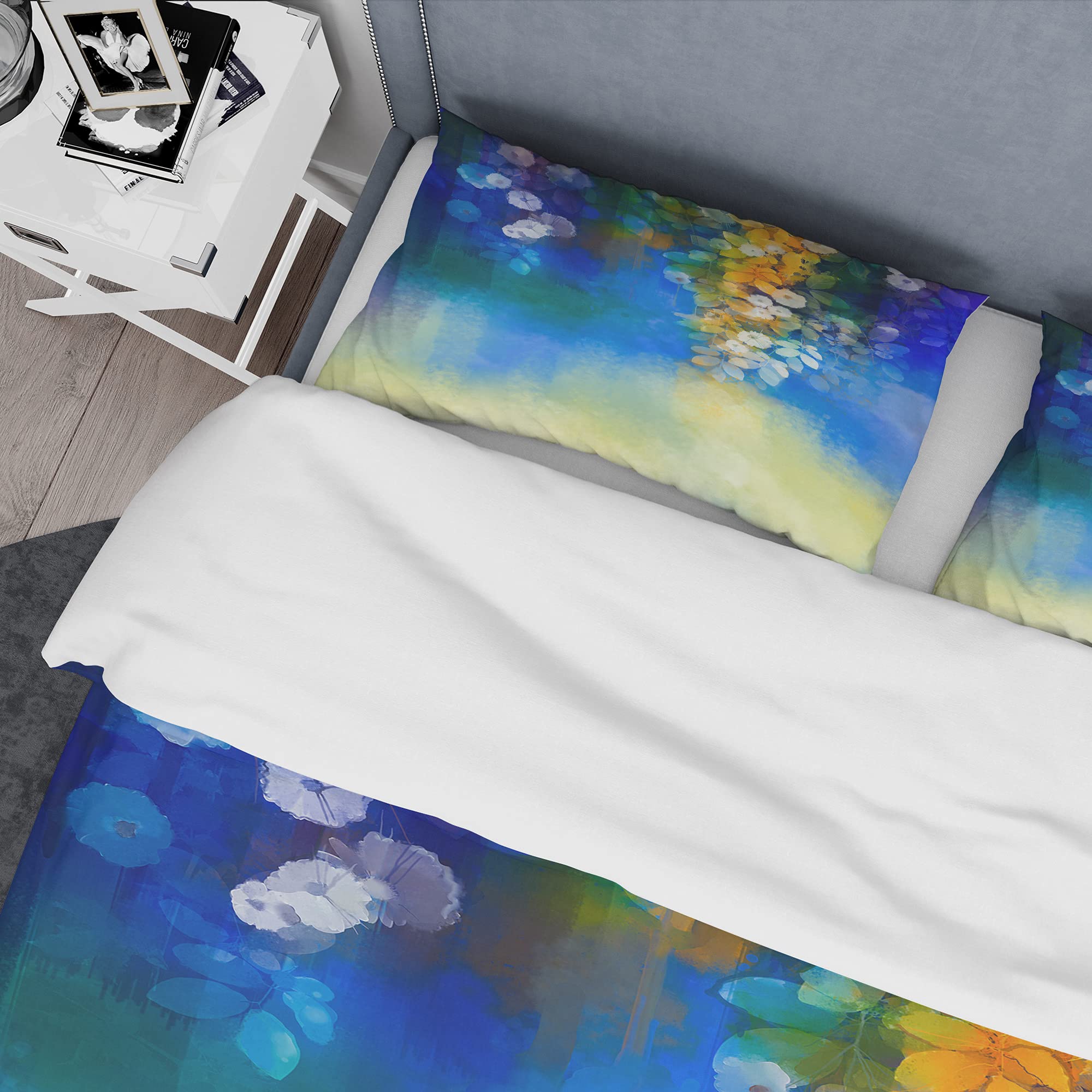 DesignQ Spring Floral Duvet Cover Set - Twin Size Blue Coastal Bedding, 3-Piece All-Season Nautical Bedding Set for Guest Rooms & Beach House Decor