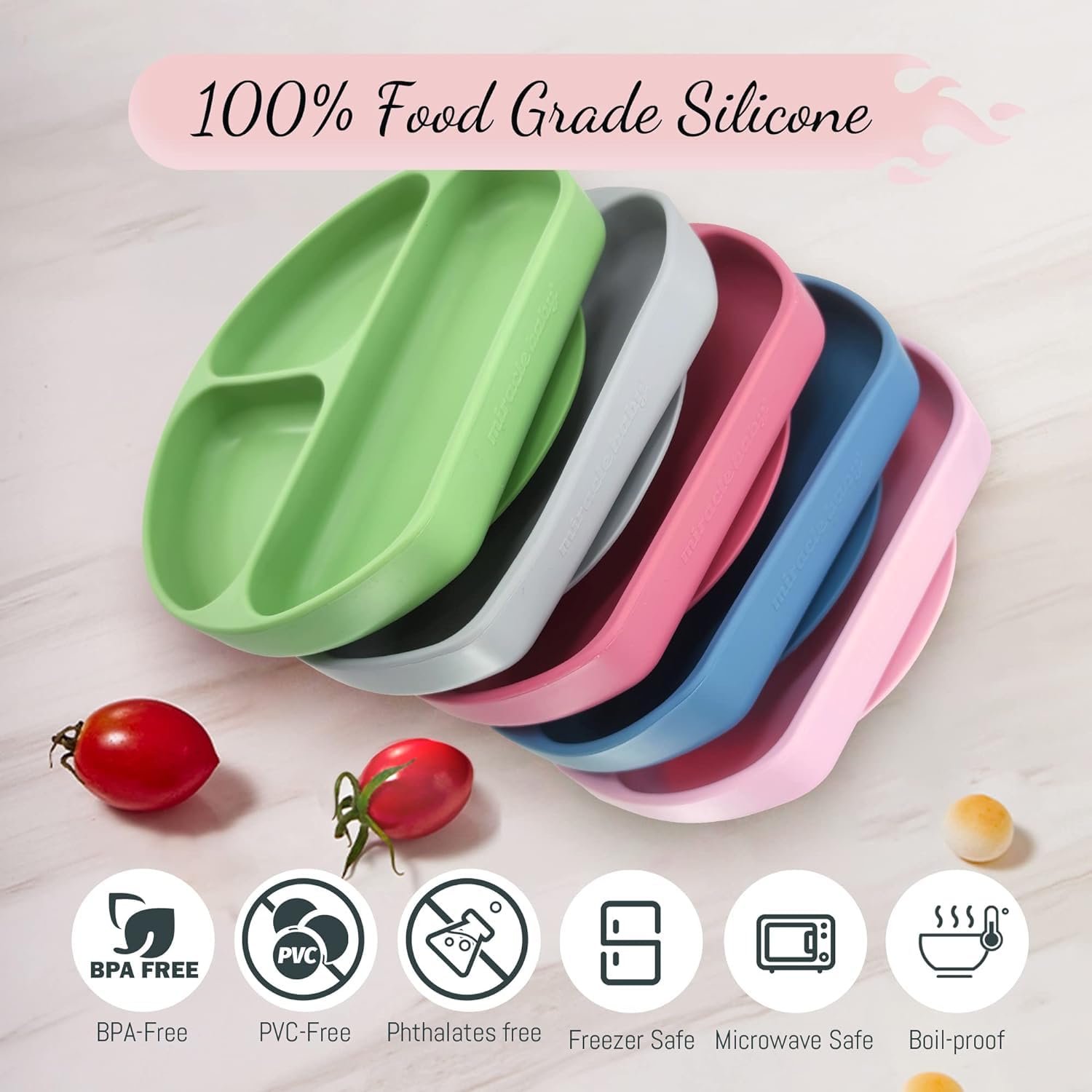 Non-Slip Silicone Baby Plate with Suction Base - Divided Toddler Dish, 100% Food-Grade BPA-Free, Microwave & Dishwasher Safe (Pink) - Perfect for Mess-Free Mealtime, Travel & Daycare Use