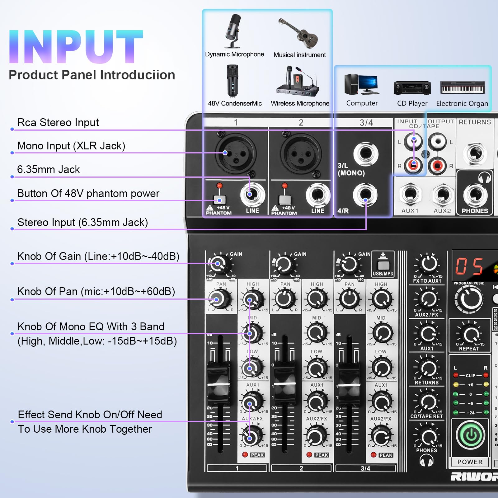 4 Channel USB Audio Mixer with 16-Bit DSP Effects, Bluetooth & +48V Phantom Power - Professional DJ Mixer Sound Board for Karaoke, Studio Recording, Live Streaming & Podcasting