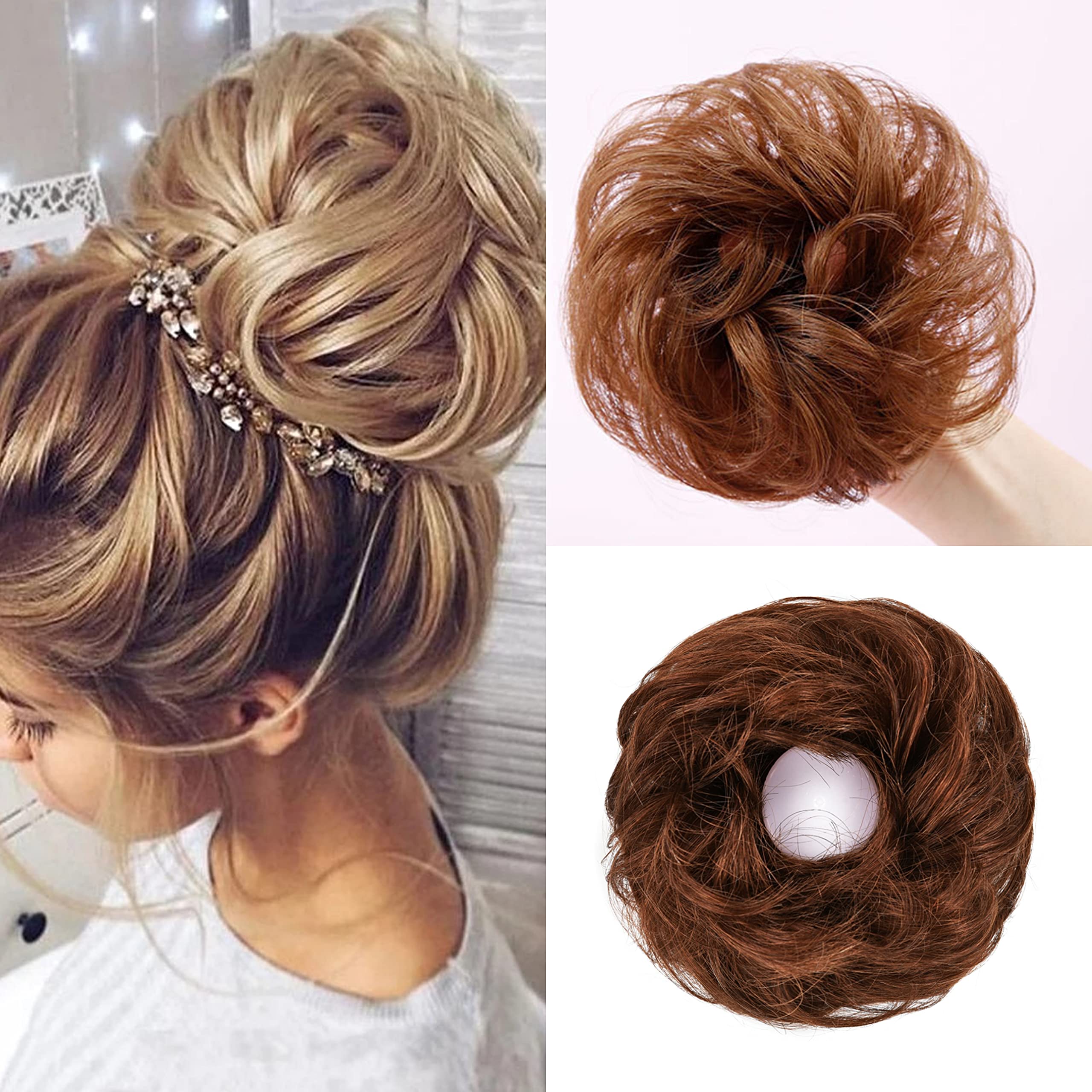 100% Human Hair Messy Bun Hairpiece - Adjustable Drawstring Scrunchie for Wedding, Daily & Special Occasions - Natural Light Brown Hair Donut Ring for Women & Girls - Perfect Hair Styling Accessory for Updos, Ponytails & Quick Hairstyles