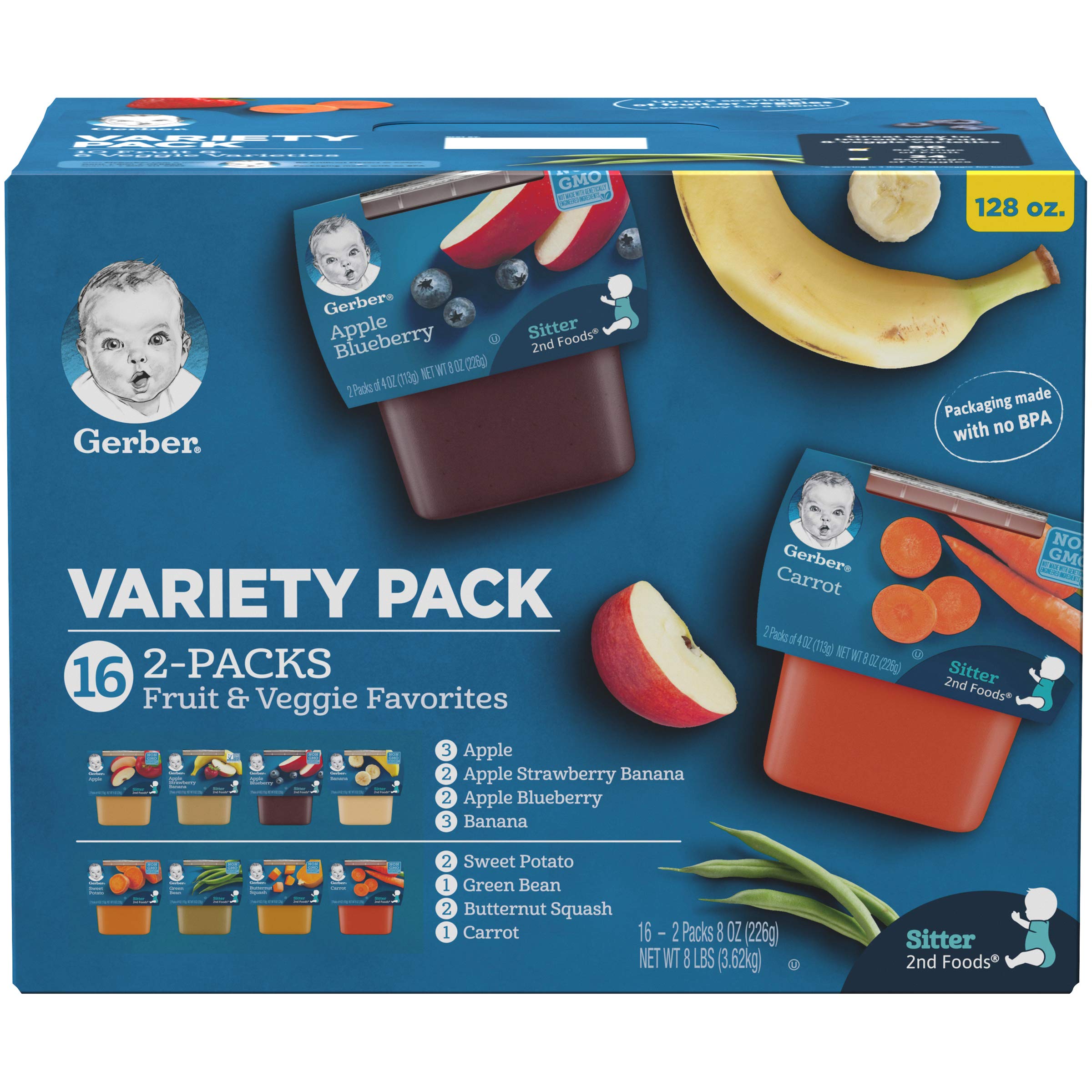 Gerber Purees 2nd Foods Veggie & Fruit Variety Pack - 8oz (16 Count) & Assorted Fruit Toddler Pouch Variety Pack (18 Count) | Organic Baby Food for On-the-Go, Travel & Snack Time | Packaging May Vary