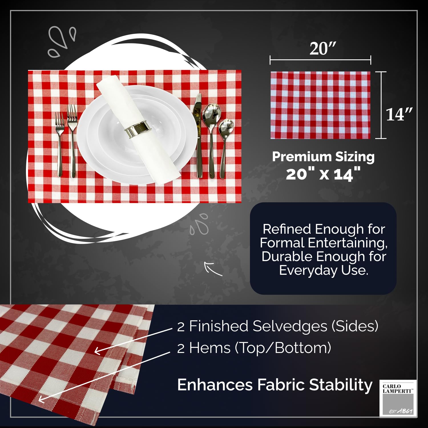 Premium Gingham Check Table Placemats Set of 4 - 100% Cotton Red Plaid Dining Mats 20x14 Inches by Carlo Lamperti Italy | Machine Washable Minimalist Fabric Place Settings for Kitchen, Dinner Party & Holiday Decor