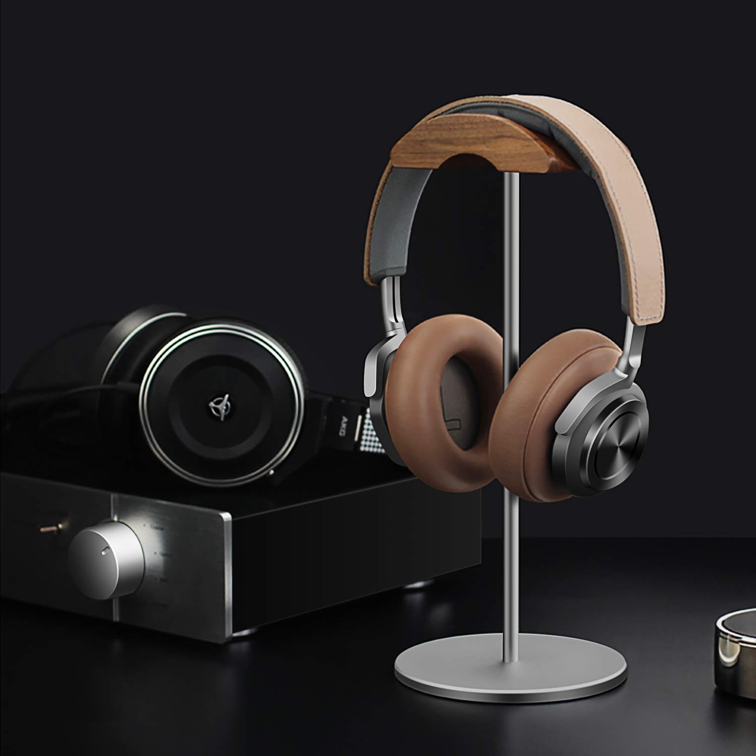 Premium Walnut Wood & Aluminum Headphone Stand - Heavy Base Gaming Headset Holder for All Sizes (Gray) | Perfect for Desk Organization, Gaming Setup & Home Office Accessories