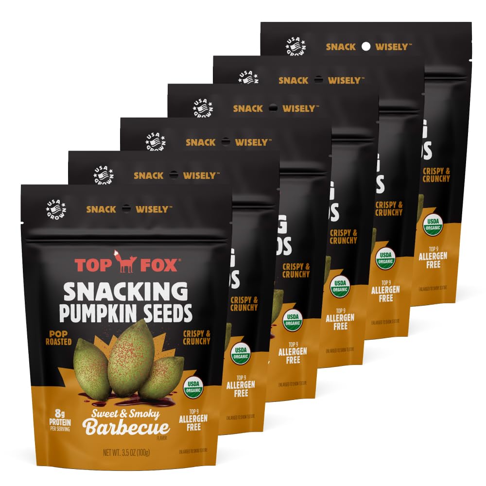 Organic Pop-Roasted Pumpkin Seeds by Top Fox Snacks - Healthy Protein Snacks, Gluten Free, Keto & Vegan Friendly (BBQ Flavor, 3.5oz - 6 Pack) - Perfect for On-the-Go Snacking, Workout Fuel & Healthy Lifestyle