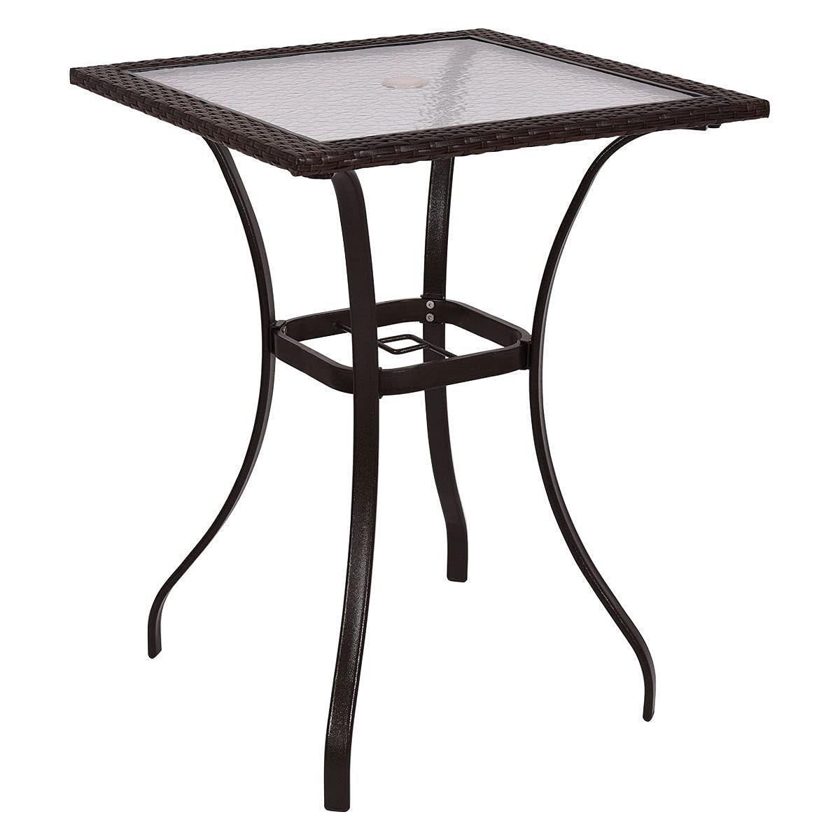 Premium Rattan Wicker Square Coffee Table with Tempered Glass Top & Umbrella Hole - Outdoor Patio, Garden, Poolside Furniture for Backyard, Lawn, or Indoor Decor - Perfect for Dining, Lounging & Entertaining