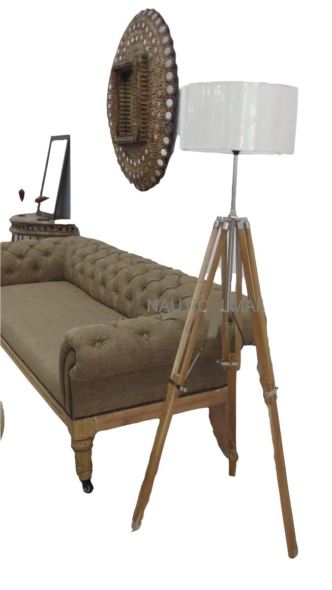 NauticalMart Shiny Finish Teak Wood Tripod Floor Lamp - Modern Coastal Living Room Lighting for Bedroom, Office & Reading Nook | Durable & Stylish Home Decor
