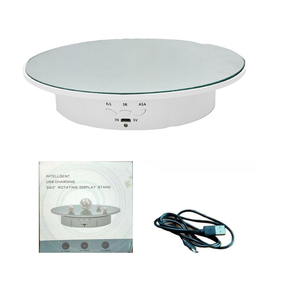 360° Rotating Display Stand for Jewelry & Artifacts - Electric Motorized Turntable with Mirror - Perfect for Live Video Showcase, Product Photography & Online Sales (White)