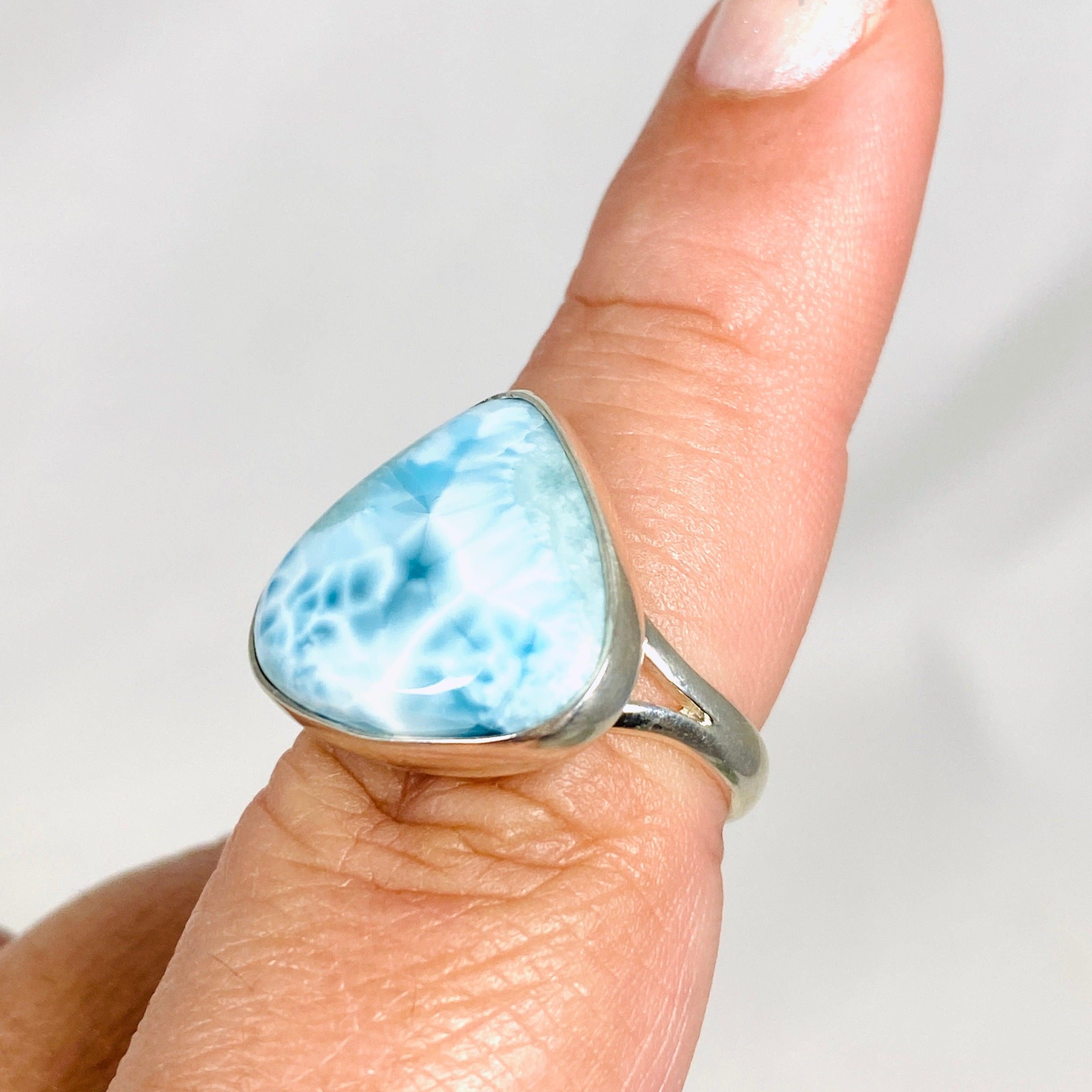 Larimar Teardrop Ring Size 8 KRGJ3088 - Genuine Dominican Blue Stone Silver Jewelry for Women, Perfect for Beach Weddings & Boho Fashion