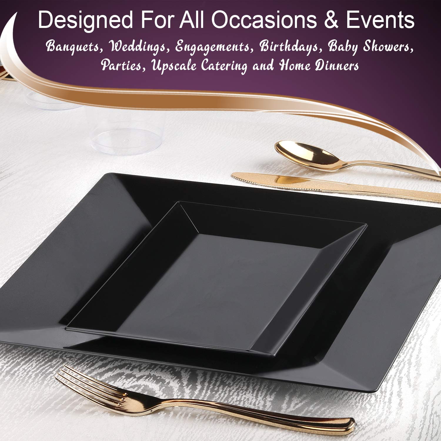 Elegant Disposable Plastic Dessert Plates 120 Pcs - Rectangle Black Salad Appetizer Plates Bulk for Wedding, Birthday Party & Special Events | Perfect for Catering, Buffets & Home Entertaining