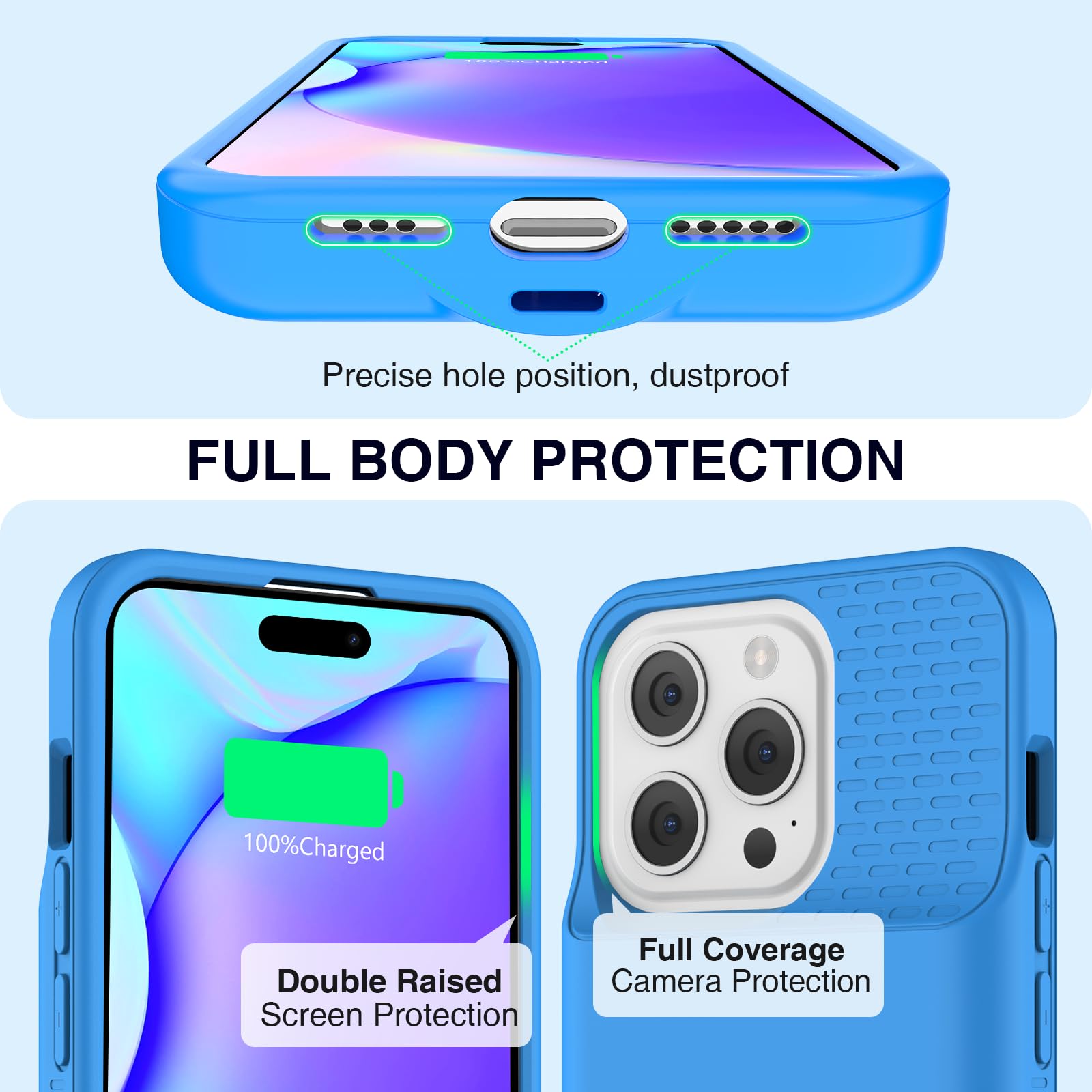 GIN FOXI 15W Wireless Charging Battery Case for iPhone 15 Pro Max/14 Pro Max/13 Pro Max/12 Pro Max - 18W Fast Input & 20W Output, Rechargeable Protective Cover with Anti-Fall Design - 6.7 Inch Blue Case | Perfect for Travel, Work & Outdoor Activities