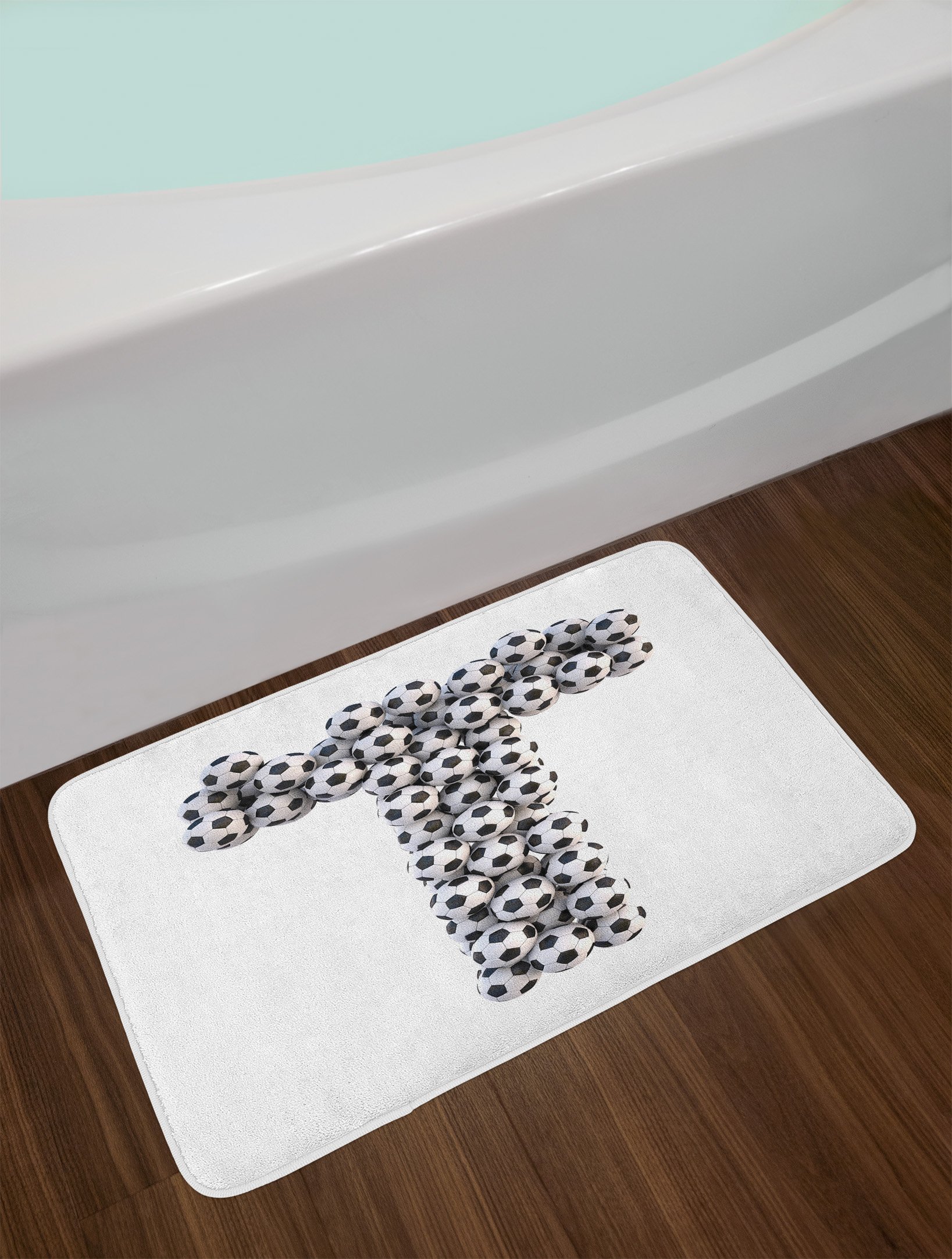 Ambesonne Letter T Non-Slip Bath Mat - Soccer Ball Design, Black and White Plush Bathroom Rug, 30.2