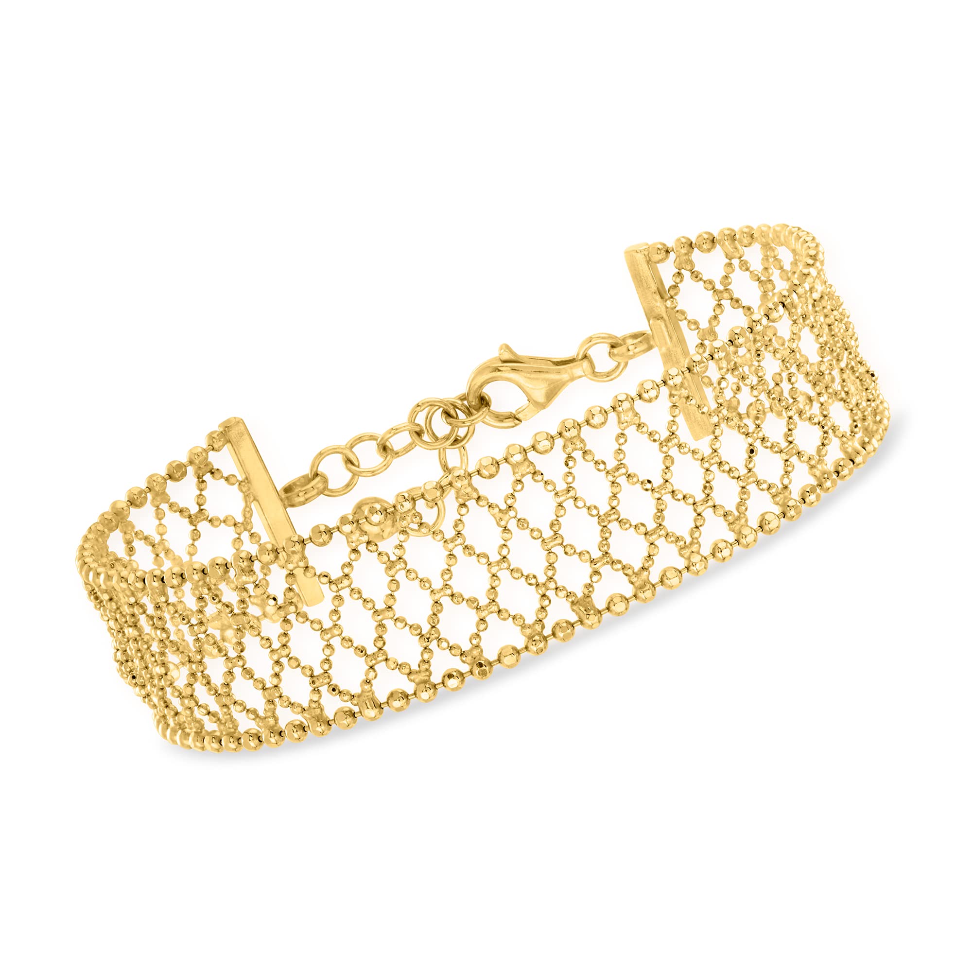 Ross-Simons Italian 18kt Gold Over Sterling Silver Beaded Mesh Bracelet - 7 Inch Adjustable Women's Jewelry for Parties, Weddings & Everyday Elegance