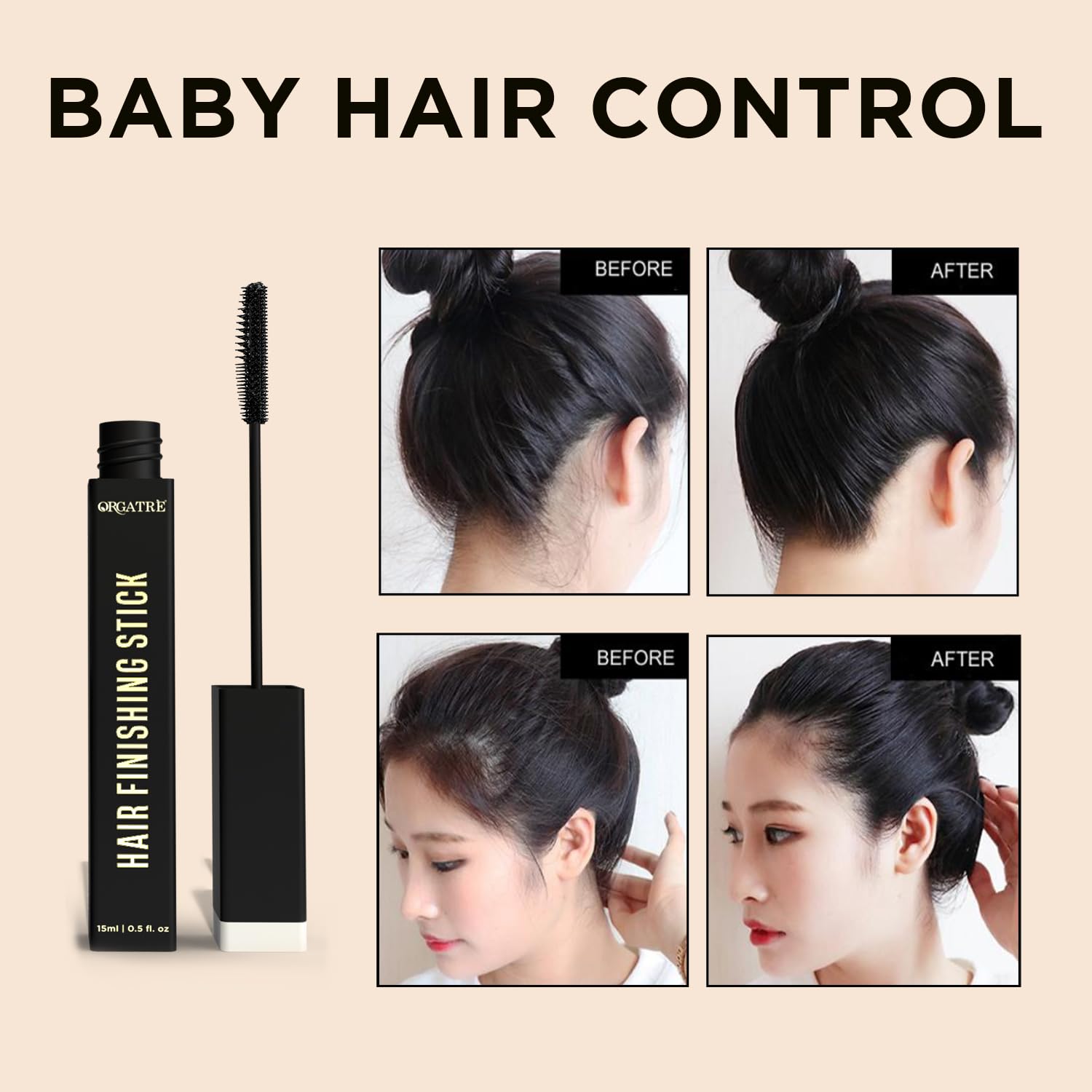ORGATRE Hair Finishing Stick for Frizzy Hair - 15ml Baby Hair Fixer | Anti-Flyaway Hair Wax Wand | Non-Greasy Styling Stick for Women | Perfect for Smoothing Flyaways & Baby Hairs | Great for Daily Styling, Work, and Special Occasions