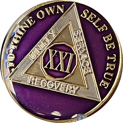21 Year AA Medallion - Metallic Purple Tri-Plate Sobriety Chip XXI - Perfect for Recovery Milestones & Anniversary Gifts