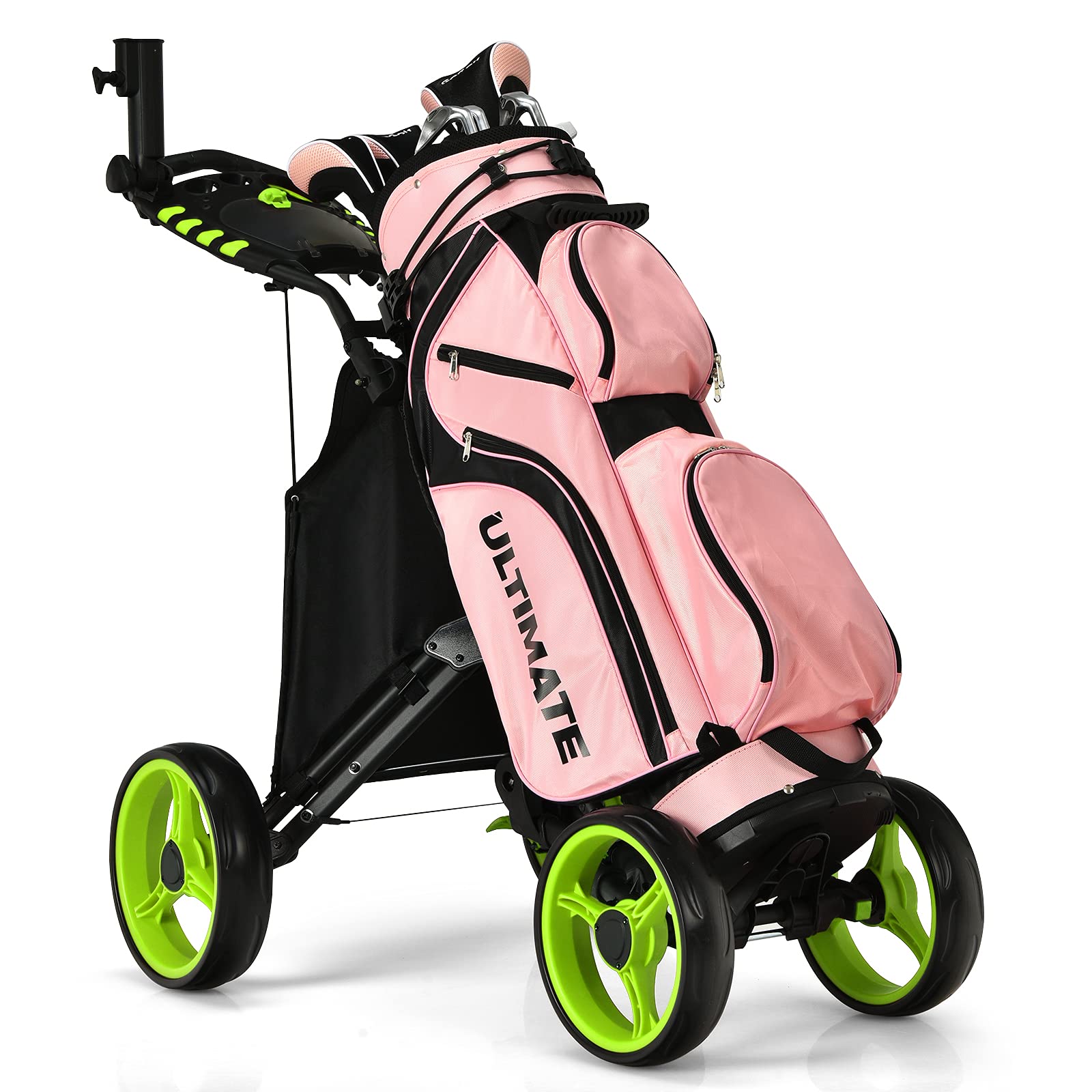 GYMAX Folding Golf Push Cart - Adjustable Height Portable Golf Caddy with Umbrella Holder, Waterproof Storage Bag, Built-in Cooler & Foot Brake - Quick Fold/Unfold Golf Trolley for Clubs - Perfect for Golf Courses, Driving Ranges & Outdoor Practice