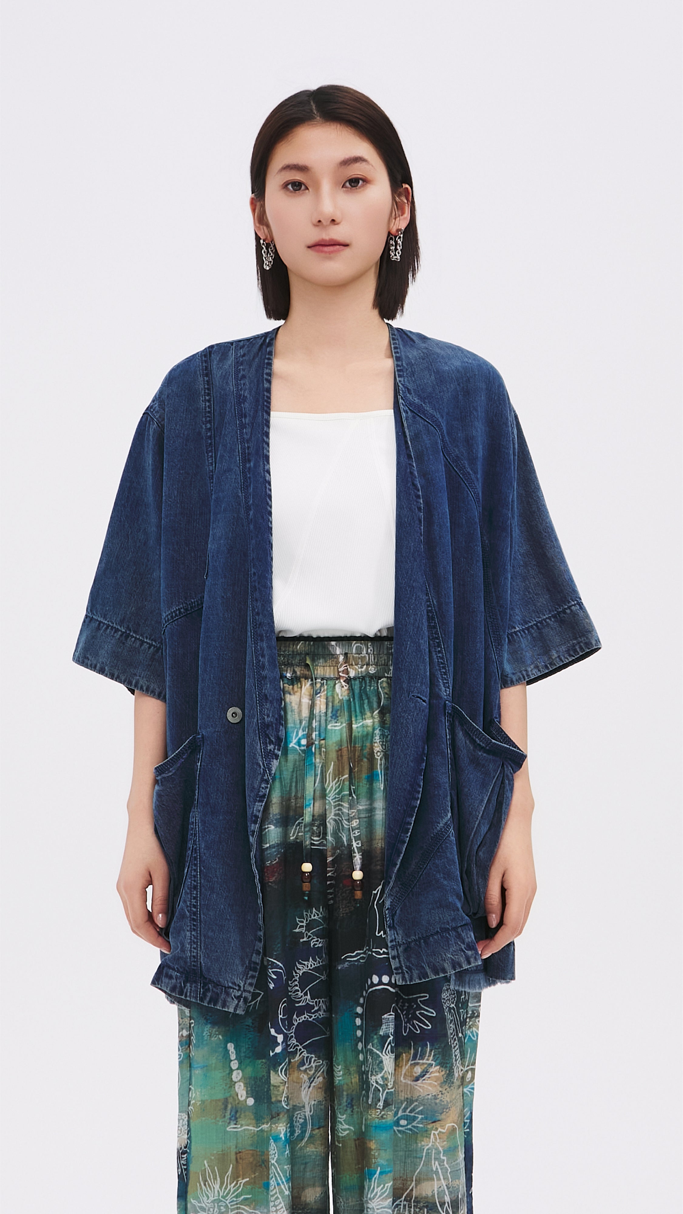 Vintage Reconstructed Denim Kimono Jacket for Women - Boho Oversized Cardigan with Pockets - Perfect for Casual Outfits, Music Festivals & Layering in Fall