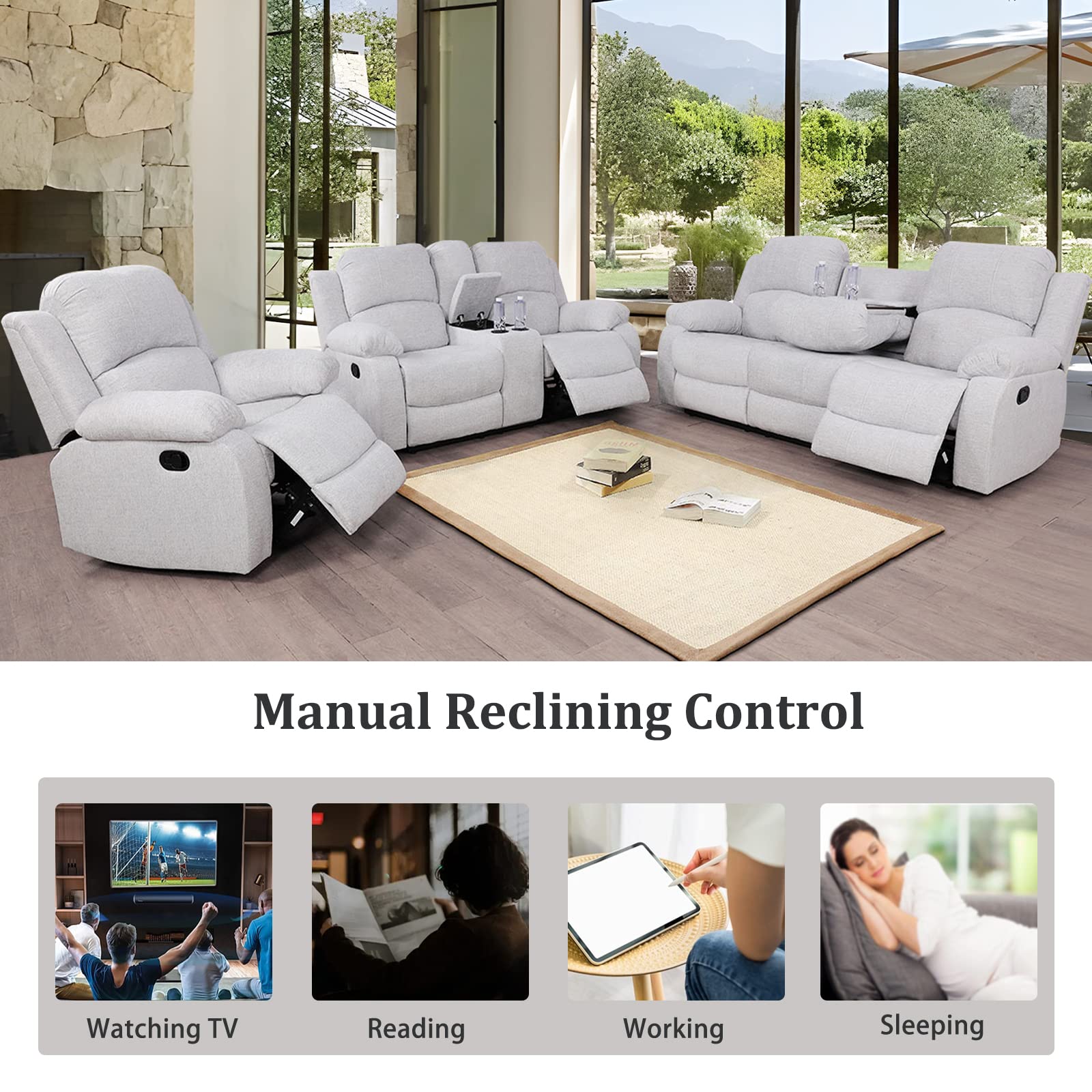 Premium 3-Piece Recliner Sofa Set - Soft Microfiber Fabric, Manual Reclining Mechanism, Grey White - Modern Living Room Furniture for Relaxation & Entertainment Spaces