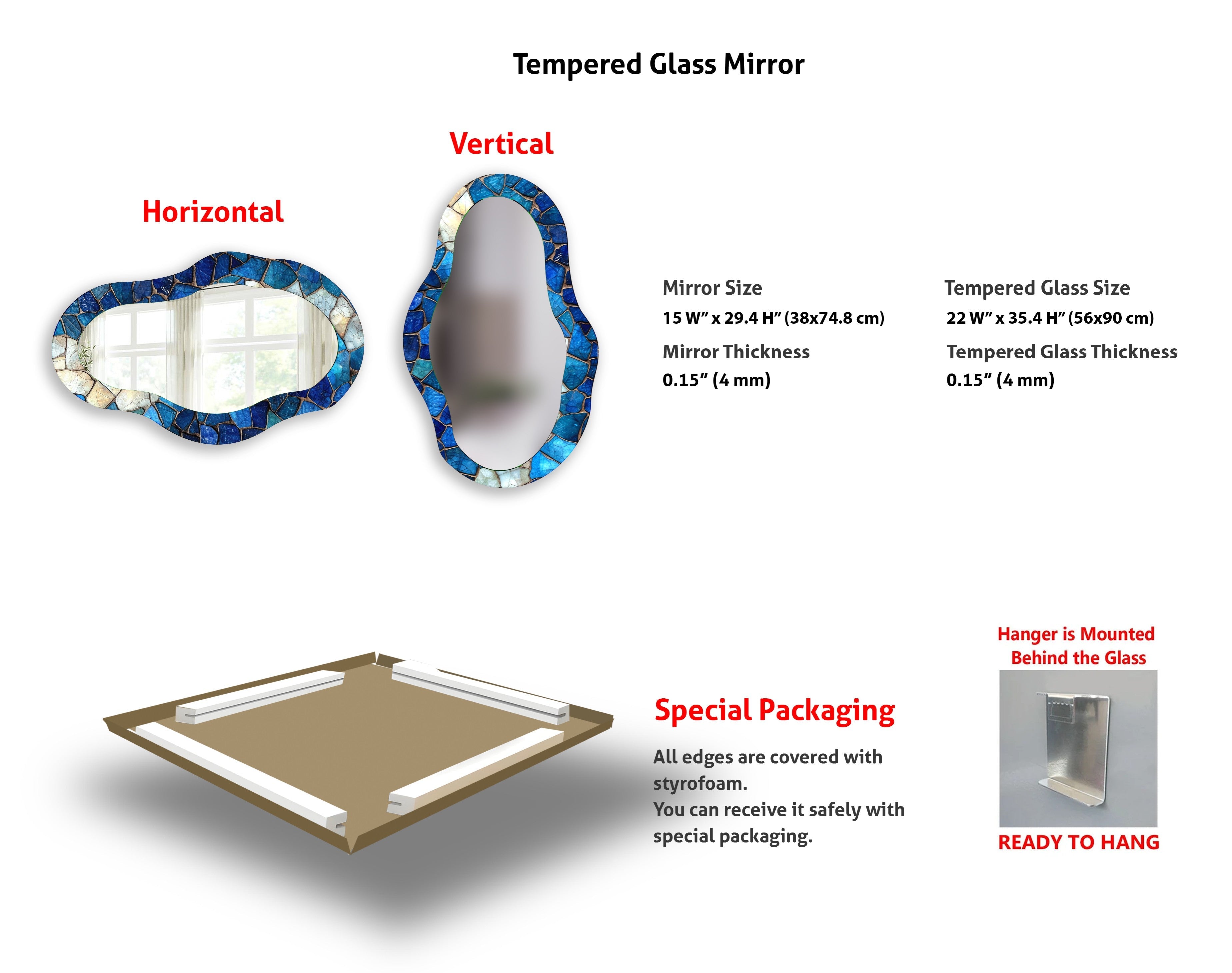 Blue Mosaic Asymmetrical Wall Mirror - Handcrafted Boho Decor for Living Room, Bedroom & Entryway - Unique Decorative Mirror for Home & Office