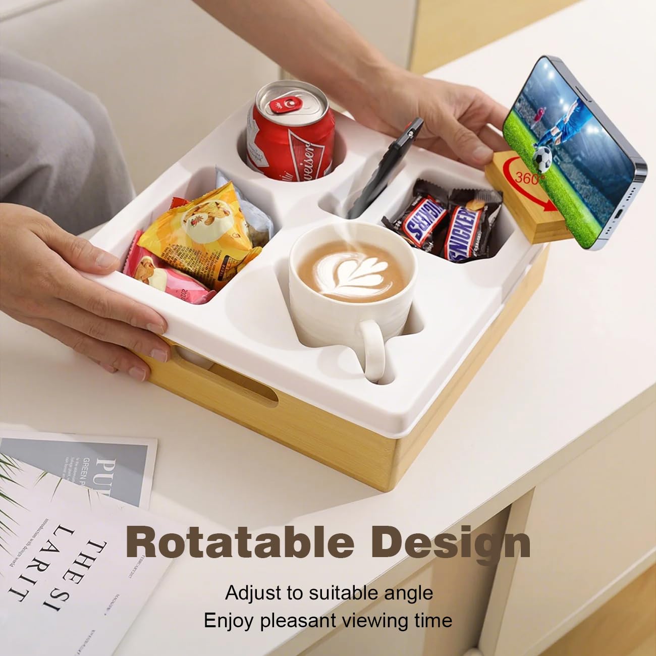 Rotatable Couch Cup Holder Tray with Phone Stand - Waterproof Sofa Organizer for Beverages, Snacks & Remote Control - Perfect for Living Room, Bedroom & Home Theater (White)