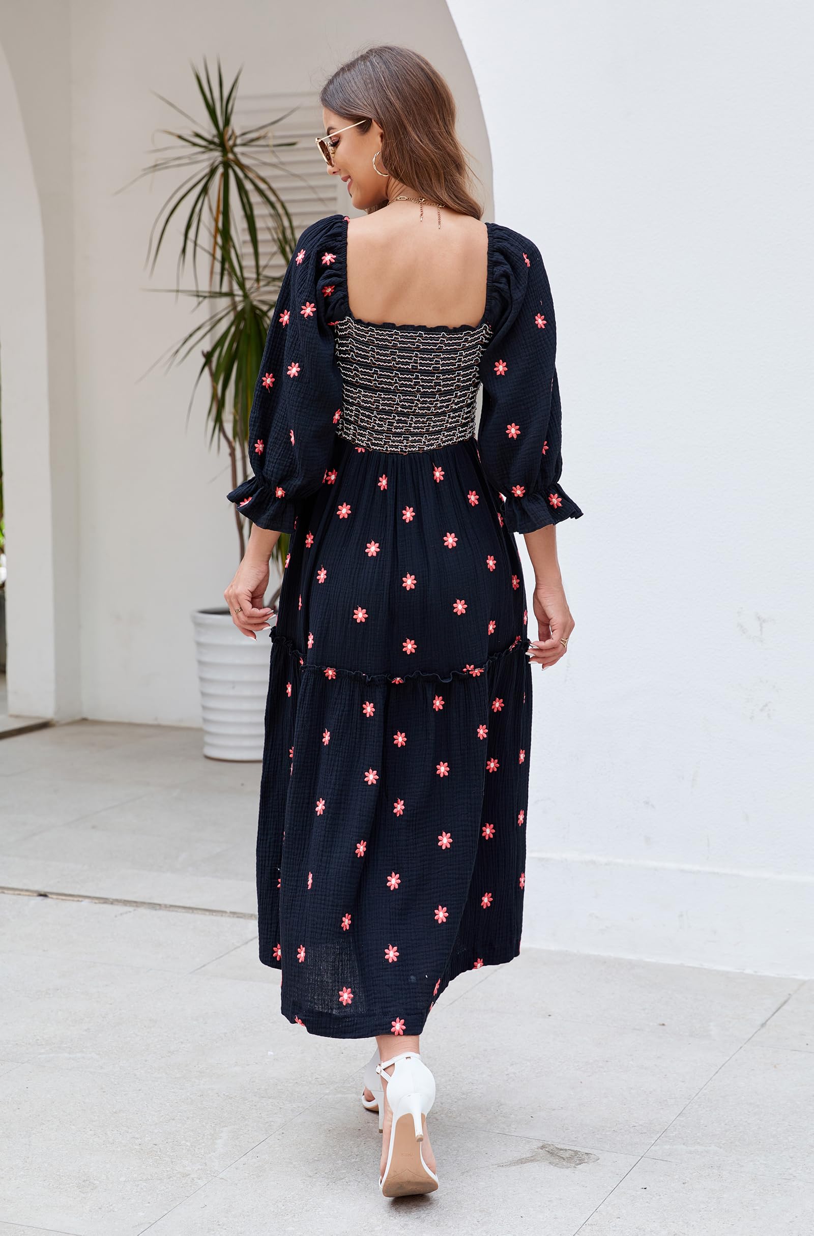 Women's Floral Embroidered Maxi Dress with Long Puff Sleeves & Square Neck - Bohemian Flowy Summer Dress with Pockets & Smocked Waist | Perfect for Beach Vacations, Date Nights & Fall Weddings